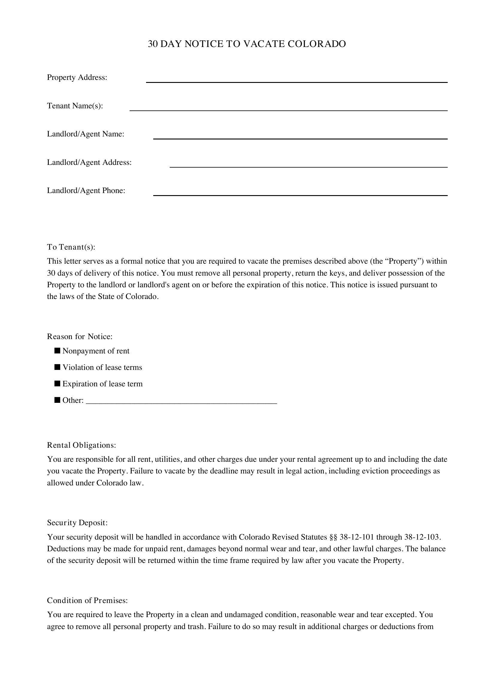 30 Day Notice To Vacate Colorado Template