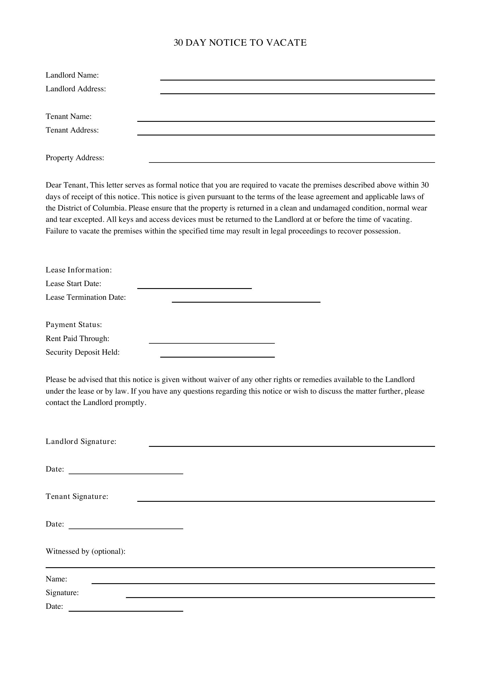 30 Day Notice To Vacate D.C. Template