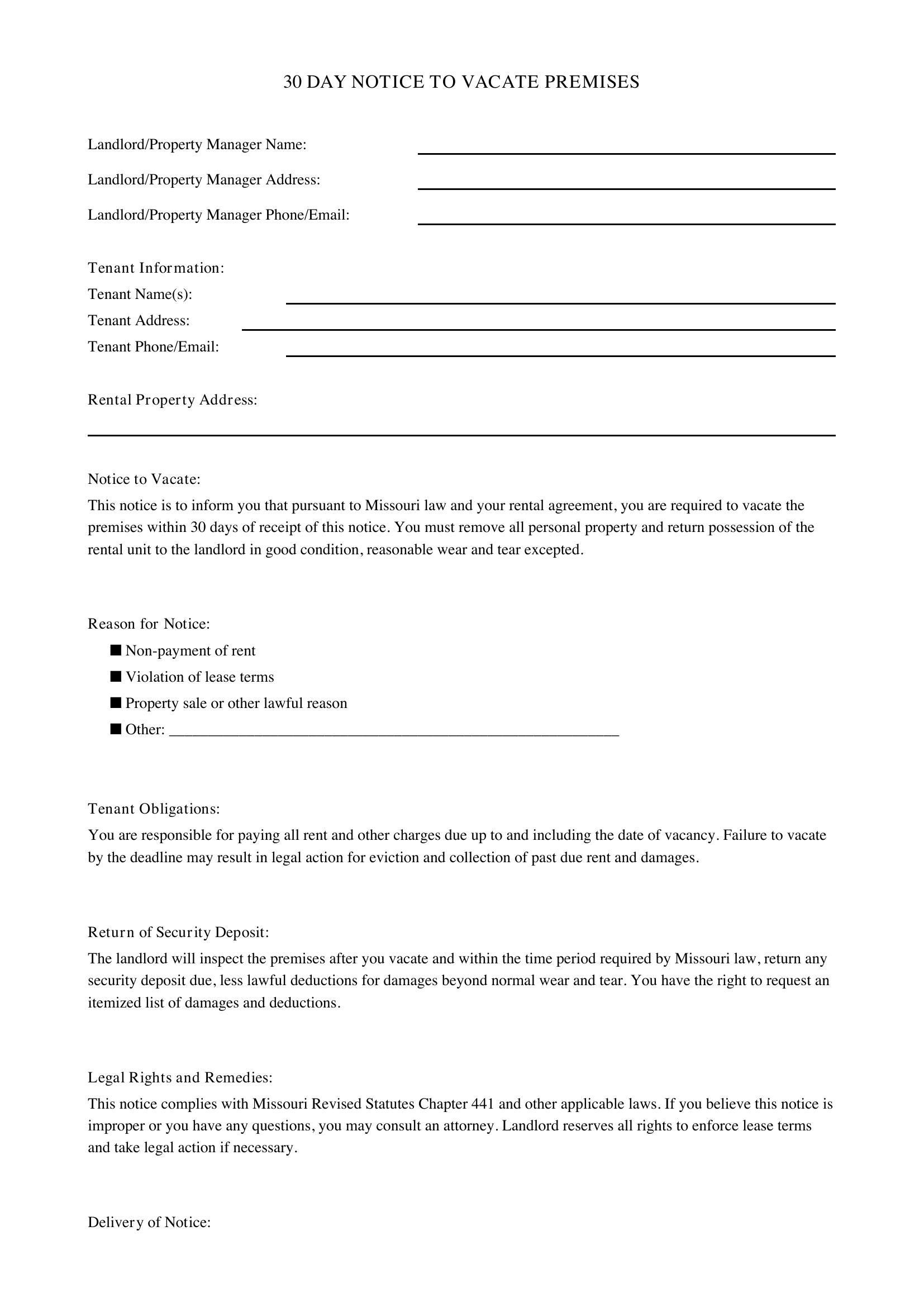 30 Day Notice To Vacate Missouri Template