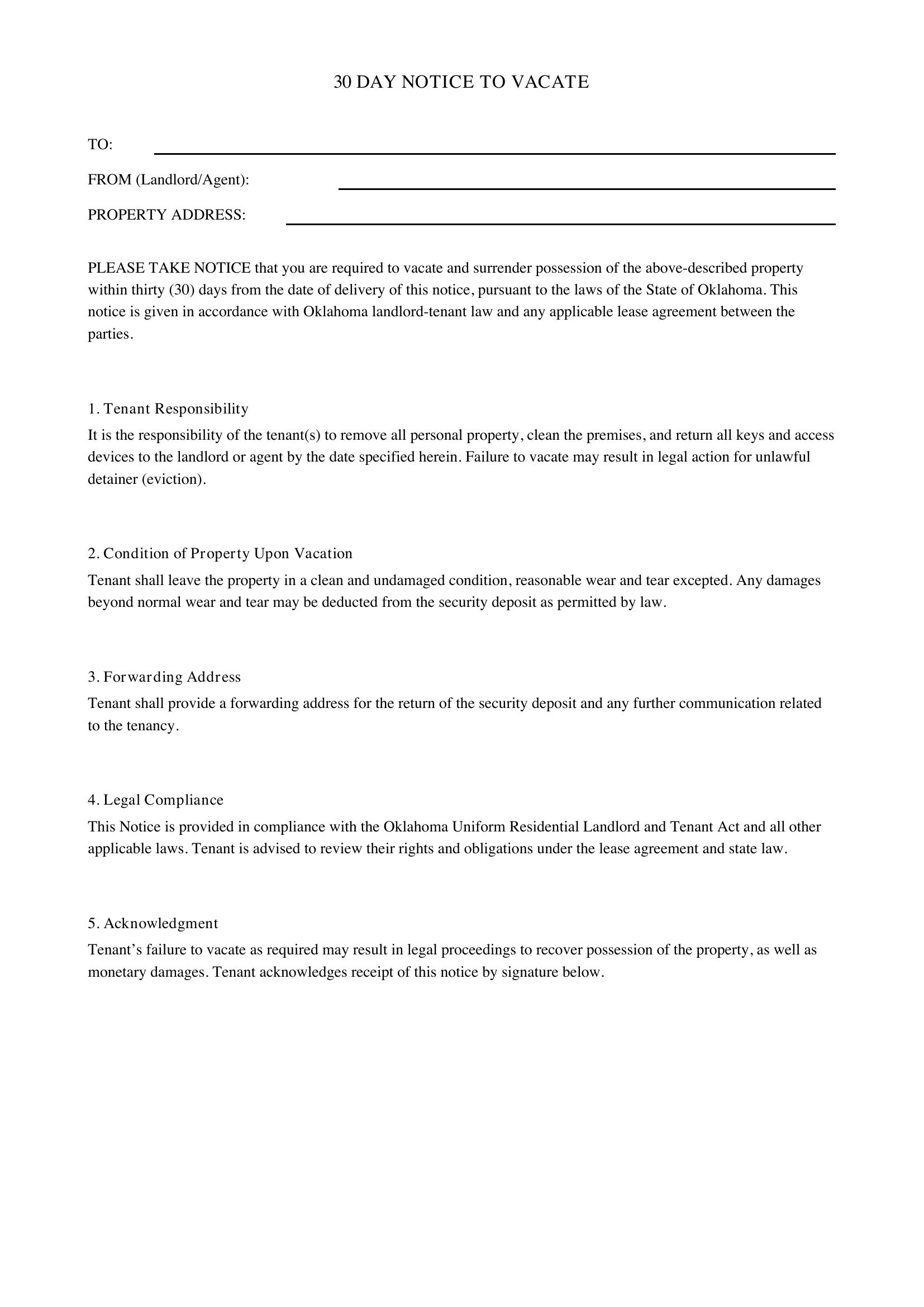 30 Day Notice To Vacate Oklahoma Template