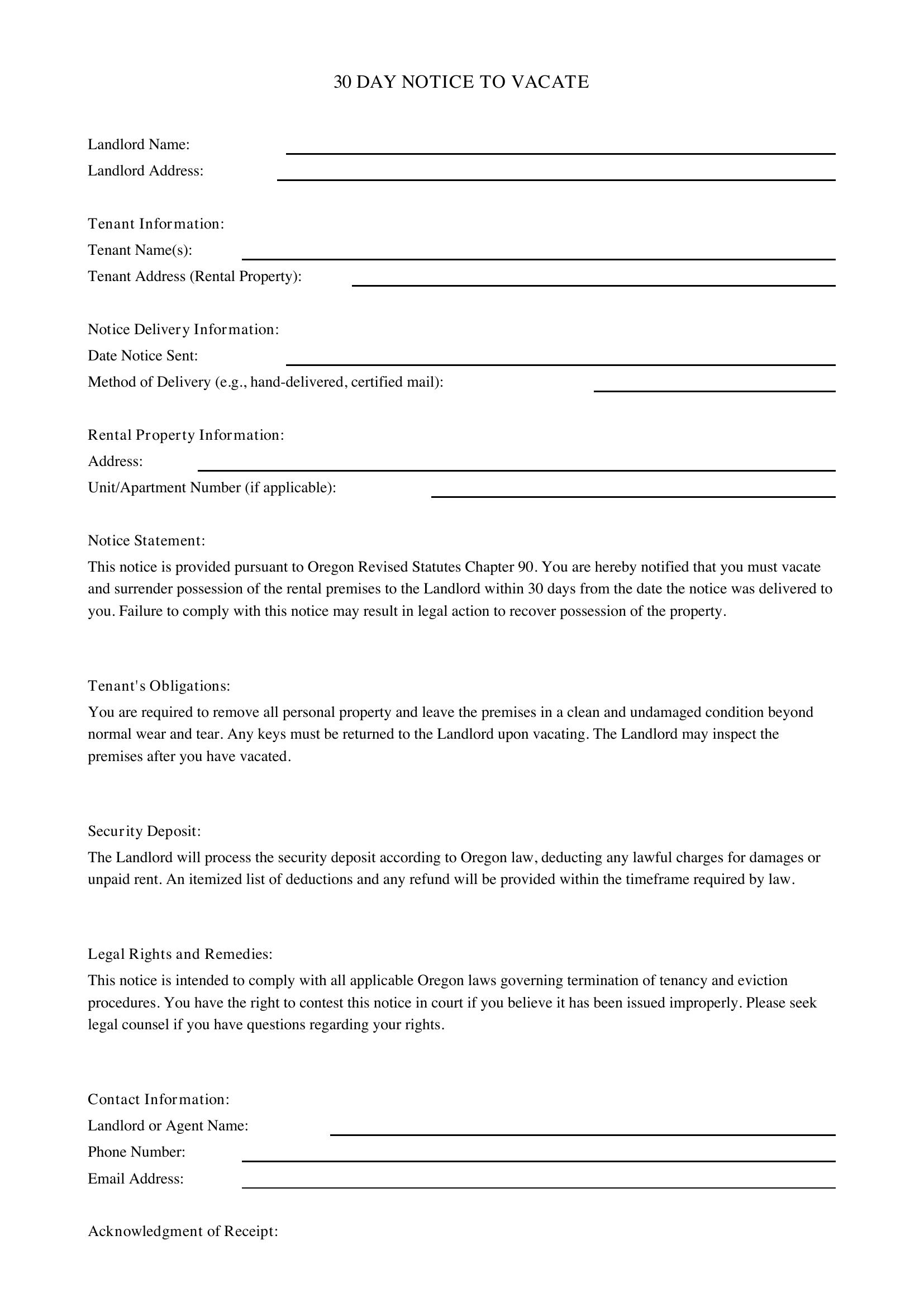 30 Day Notice To Vacate Oregon Template