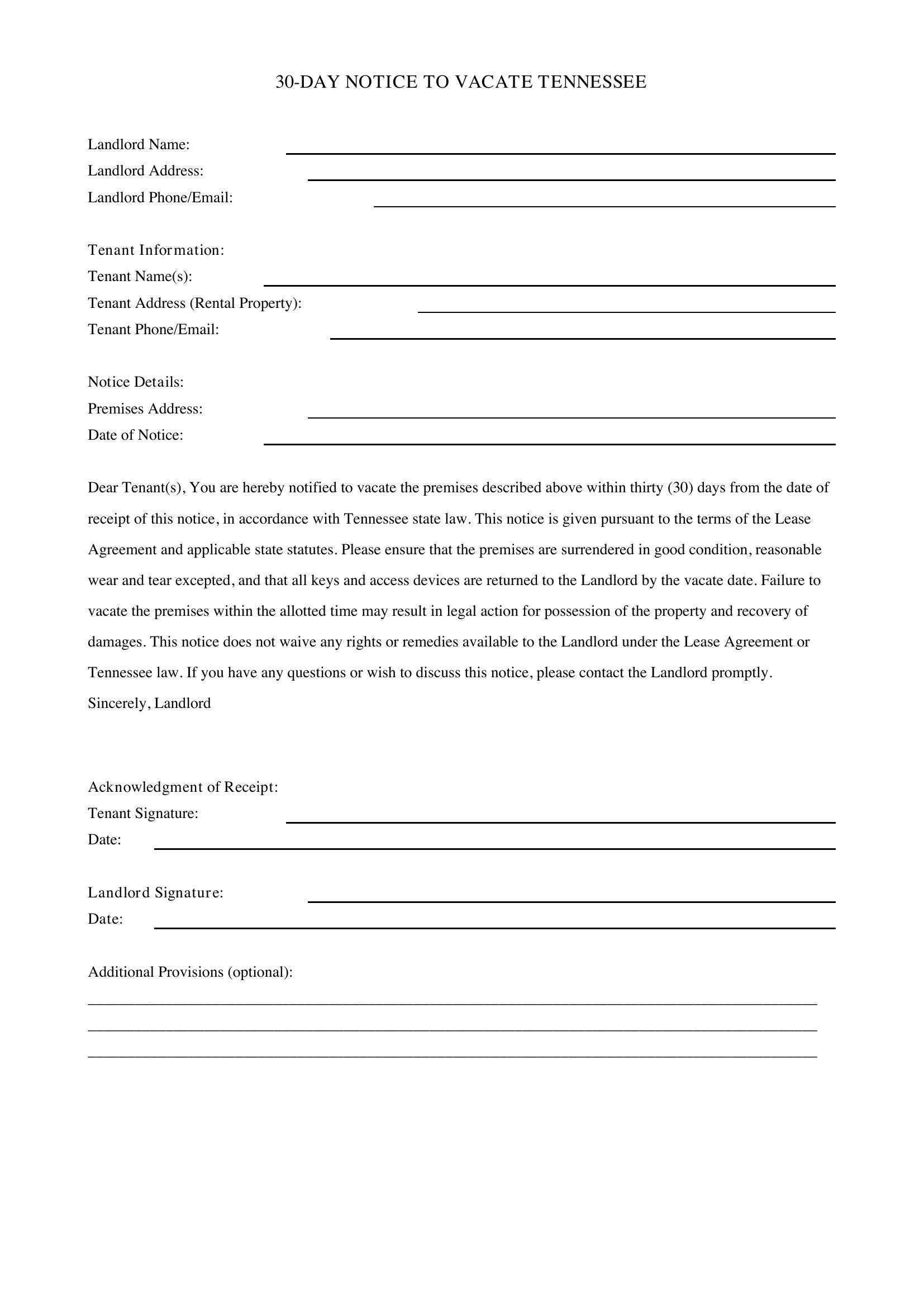 30-Day Notice To Vacate Tennessee Template