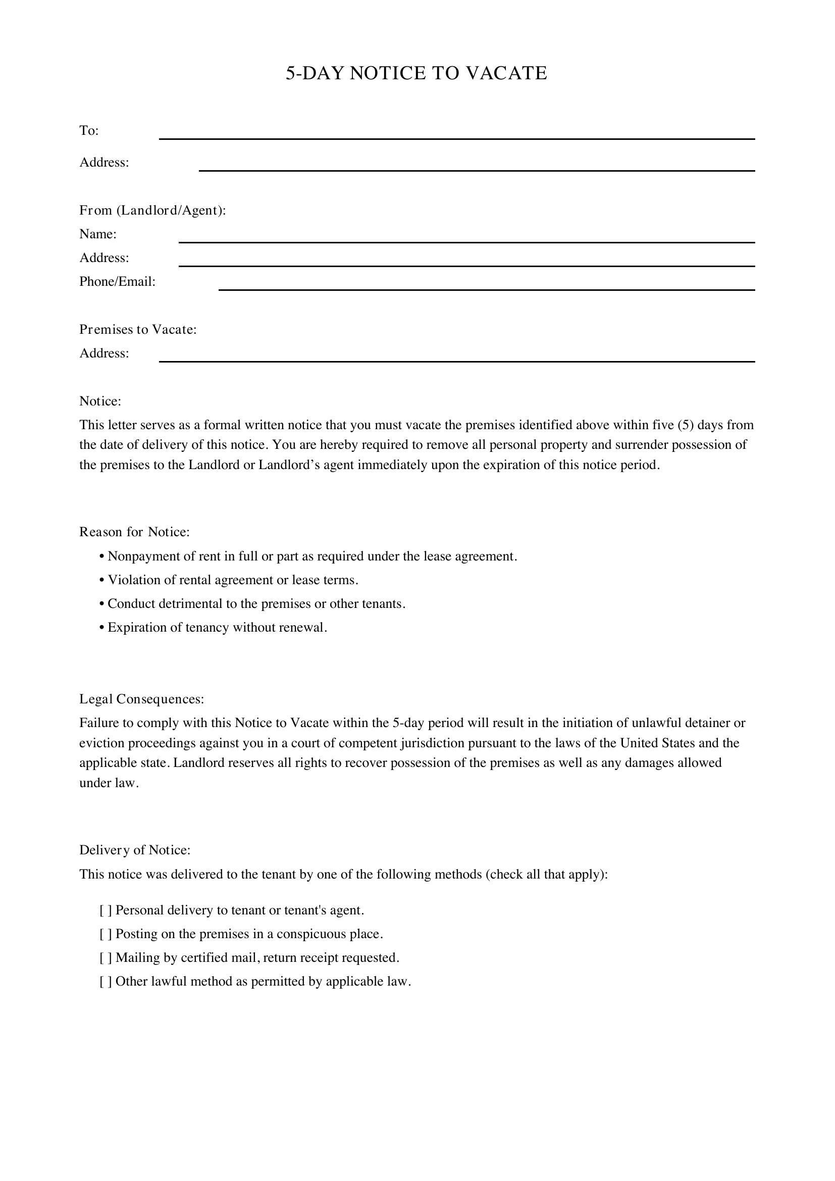5-Day Notice To Vacate Template