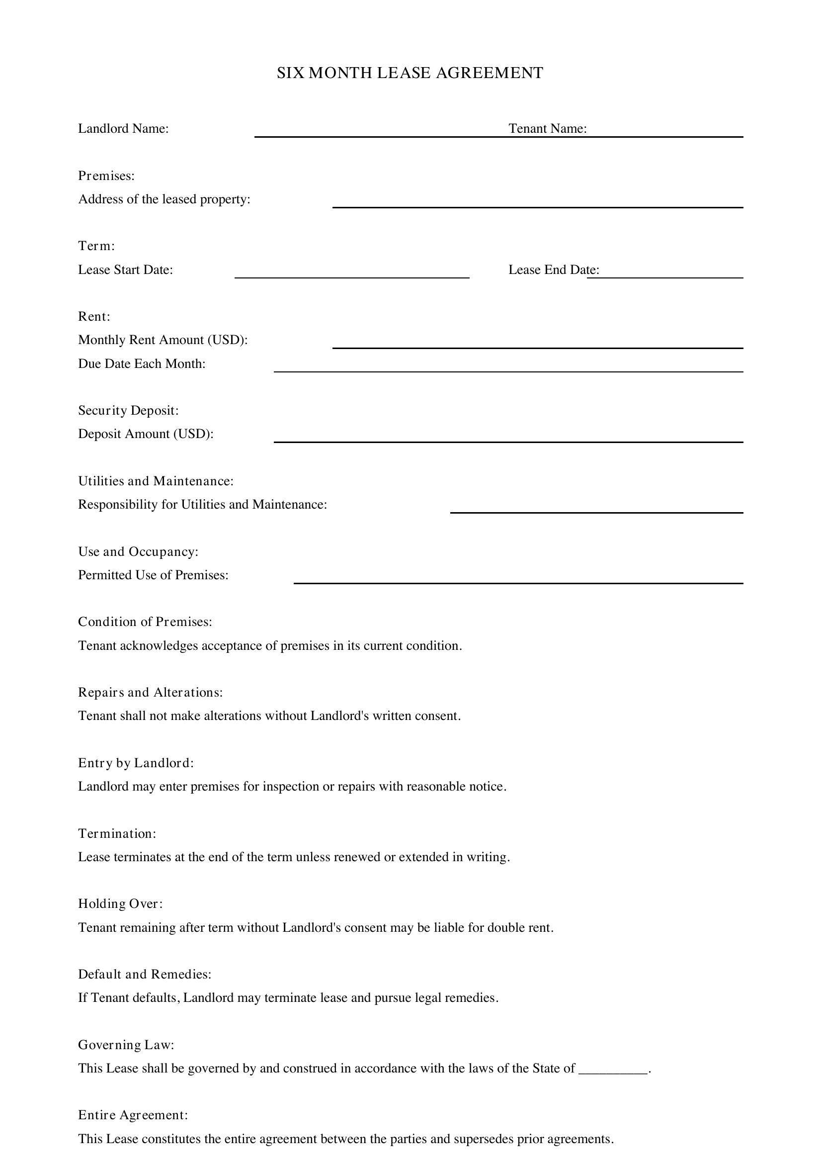 6 Month Lease Template