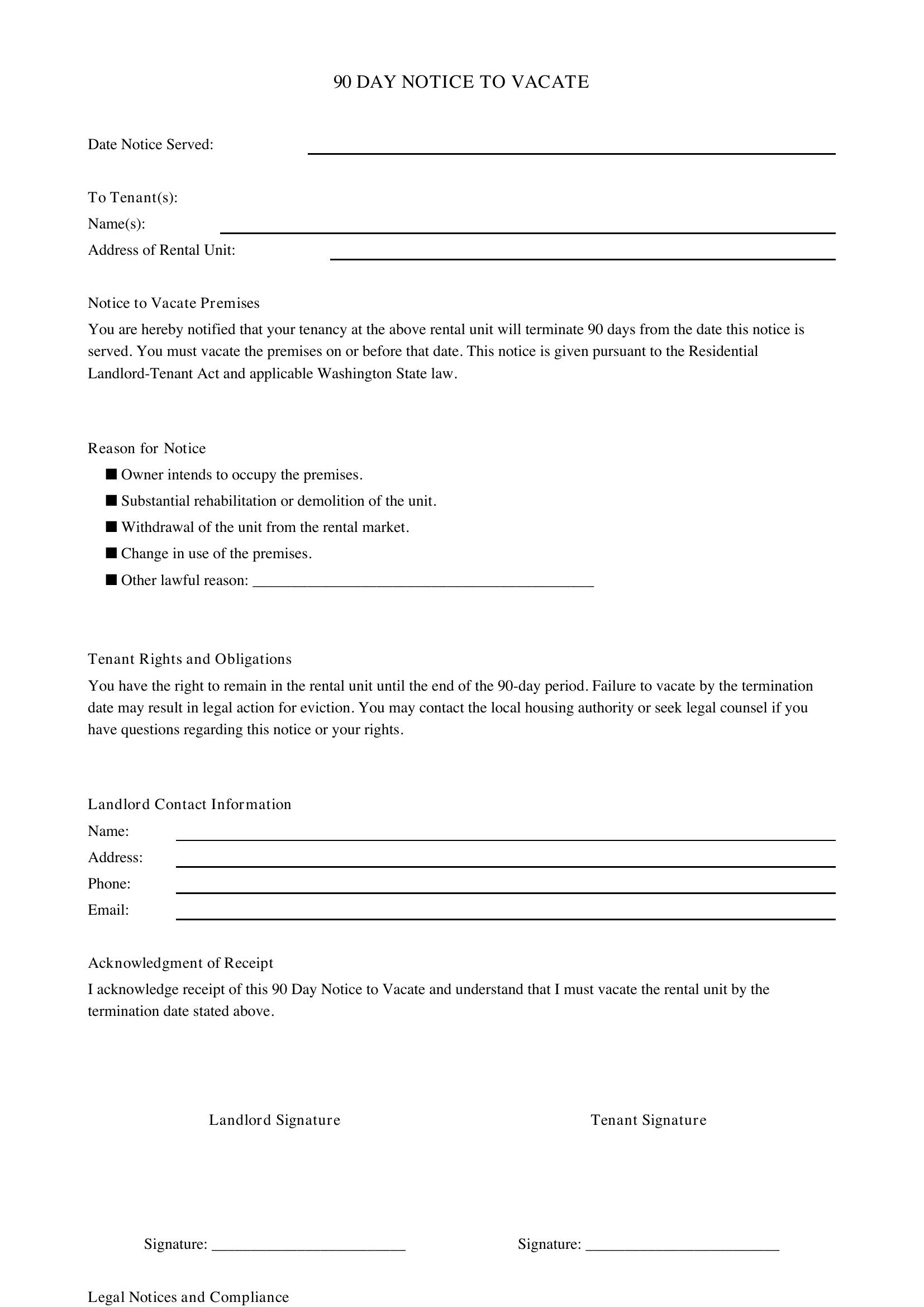 90 Day Notice To Vacate Washington State Template