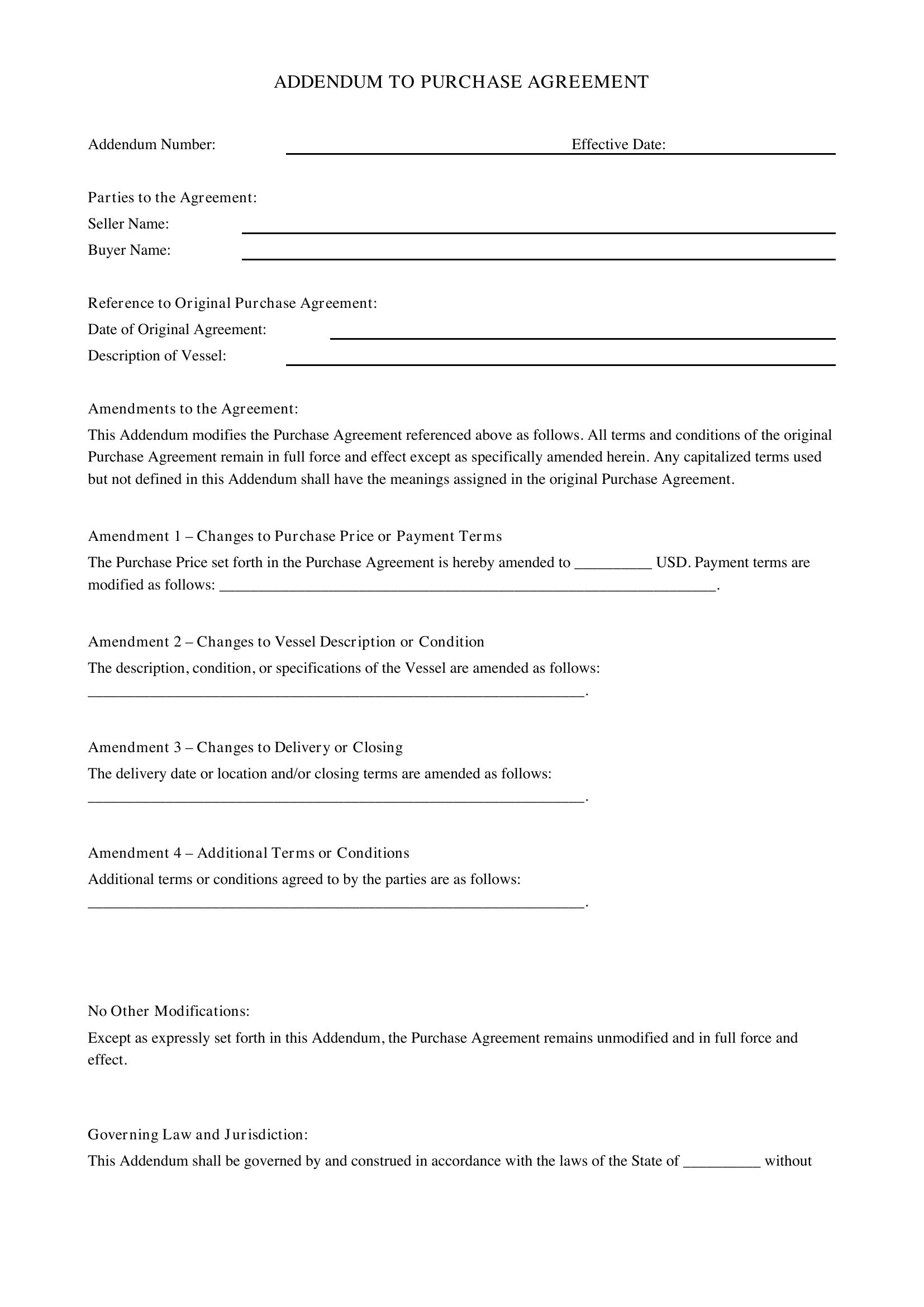 Addendum To Purchase Agreement Template