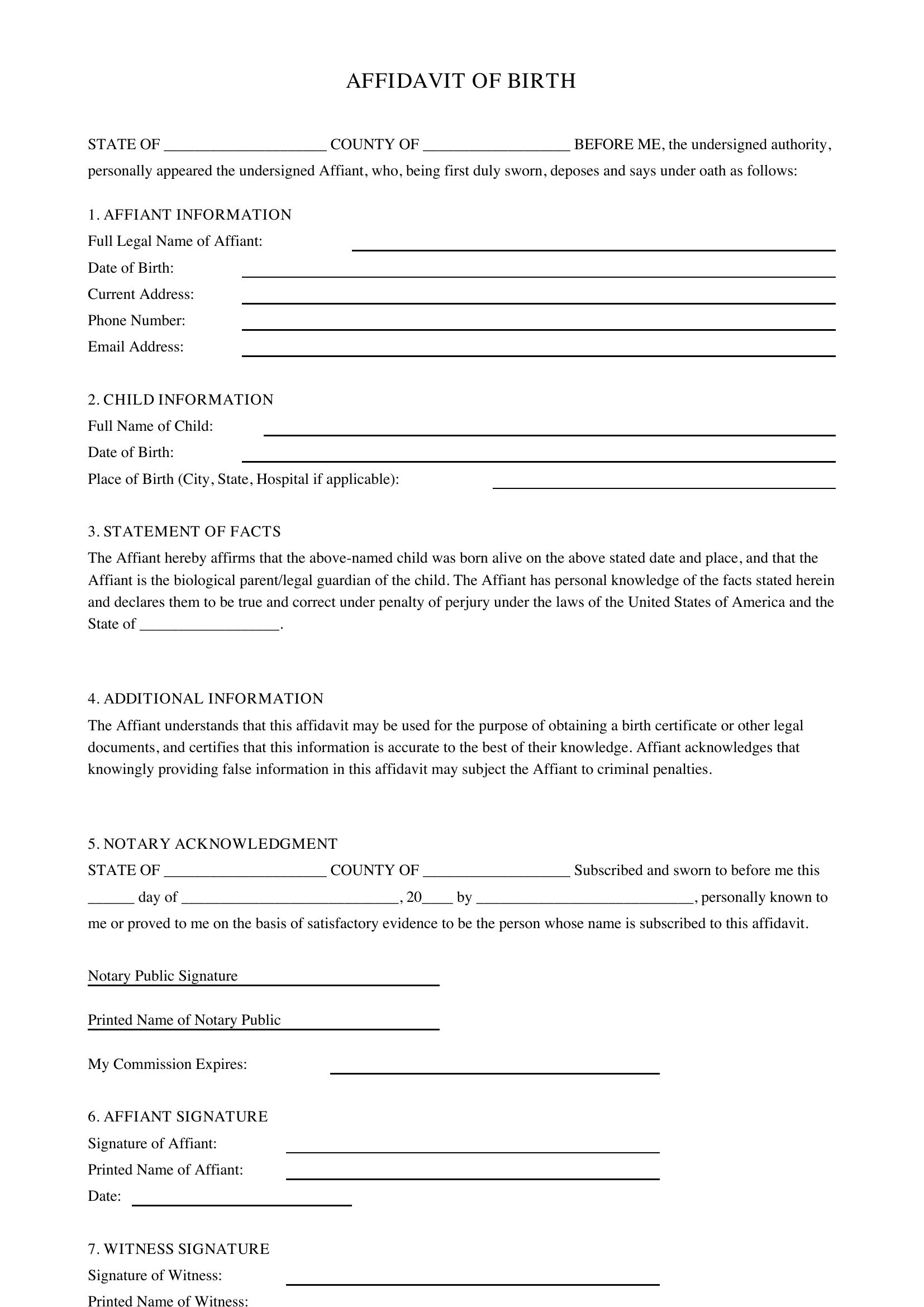 Affidavit Of Birth Template