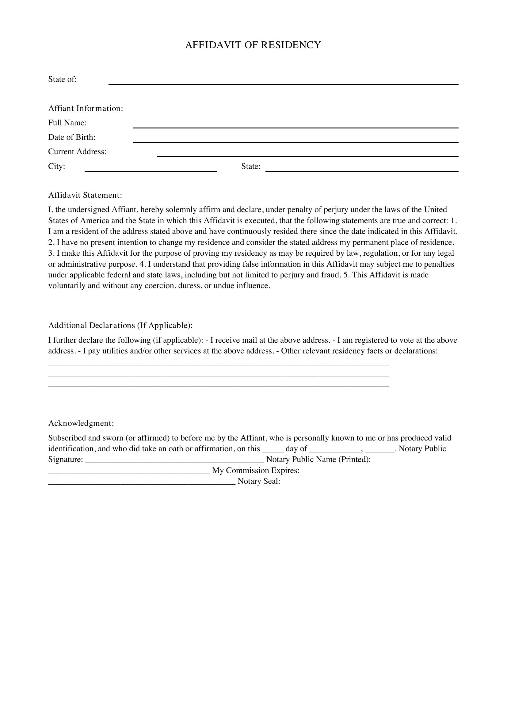 Affidavit Of Residency Template