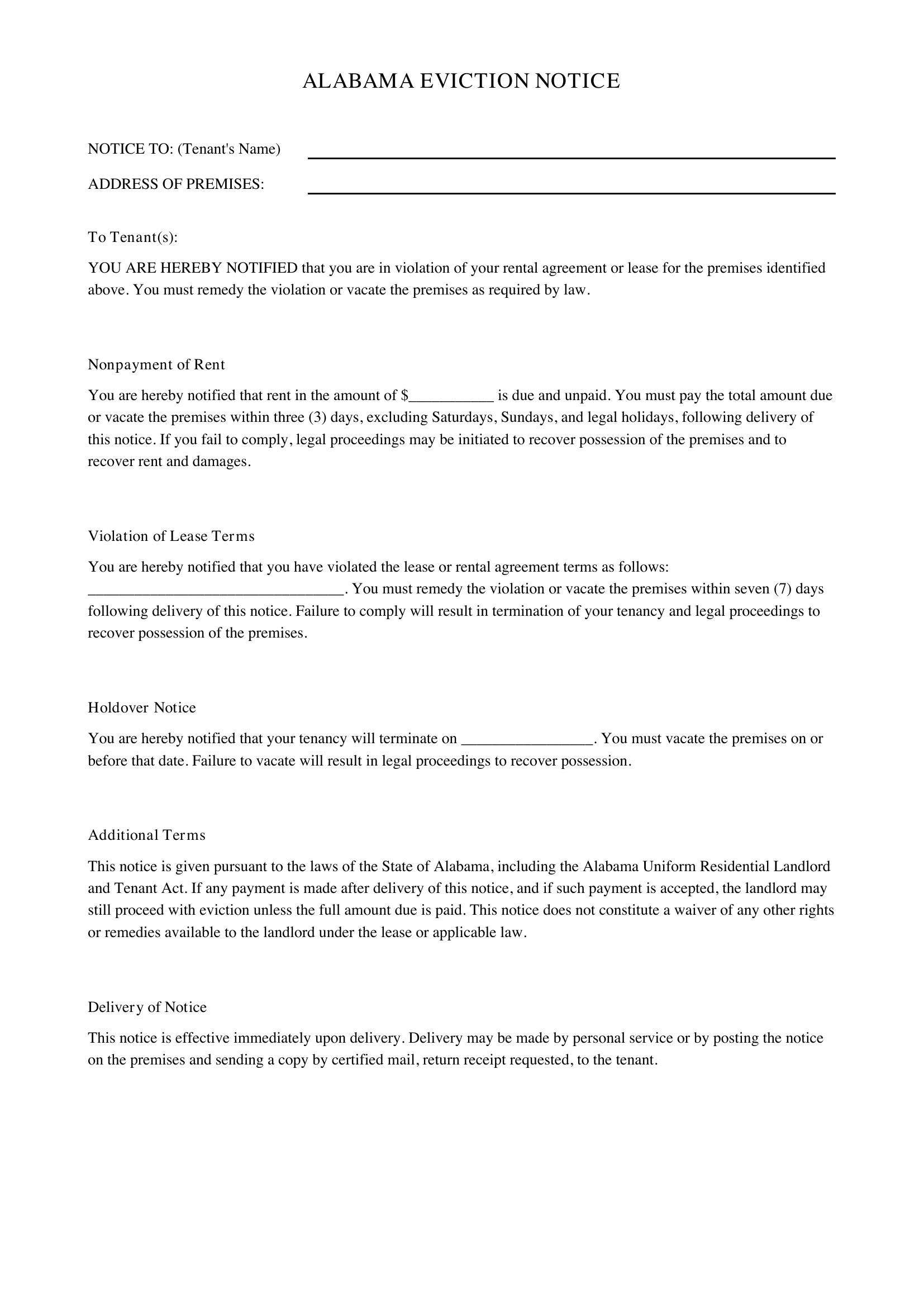 Alabama Eviction Notice Template