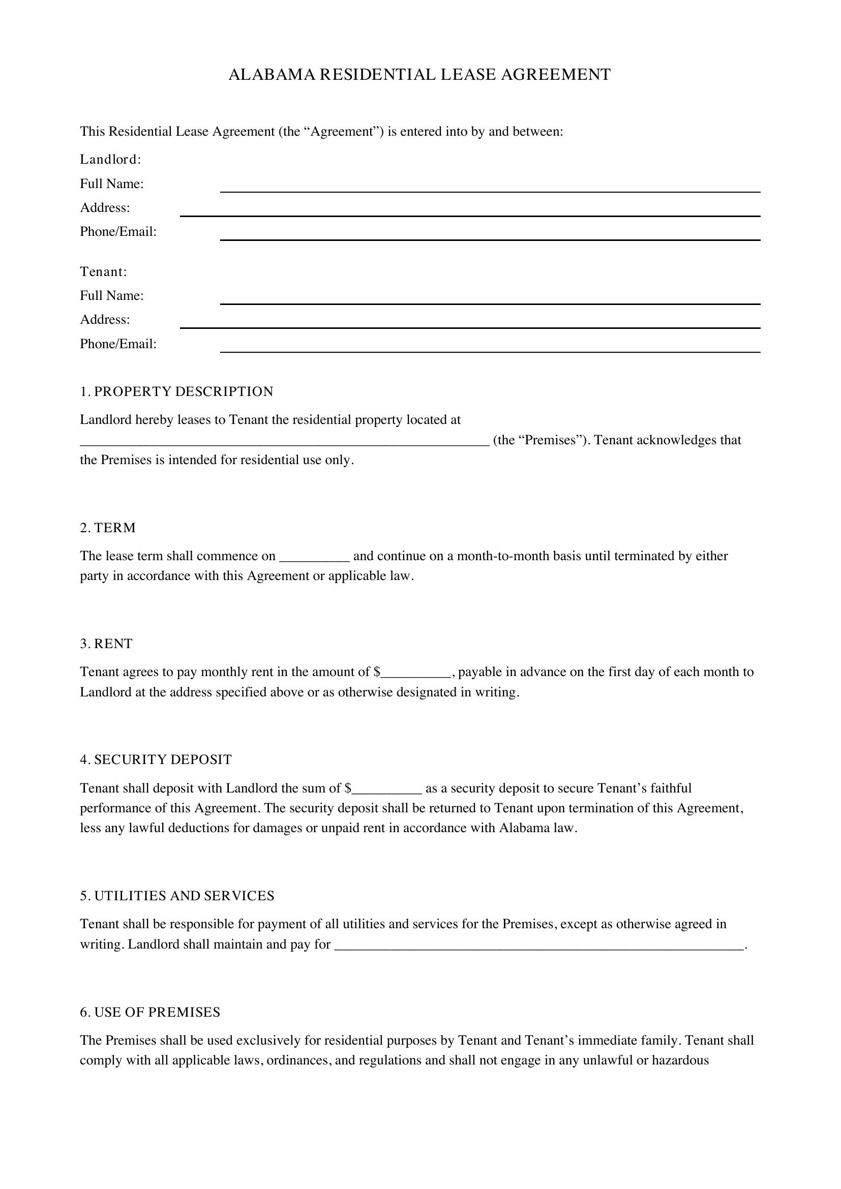 Alabama Lease Agreement Template