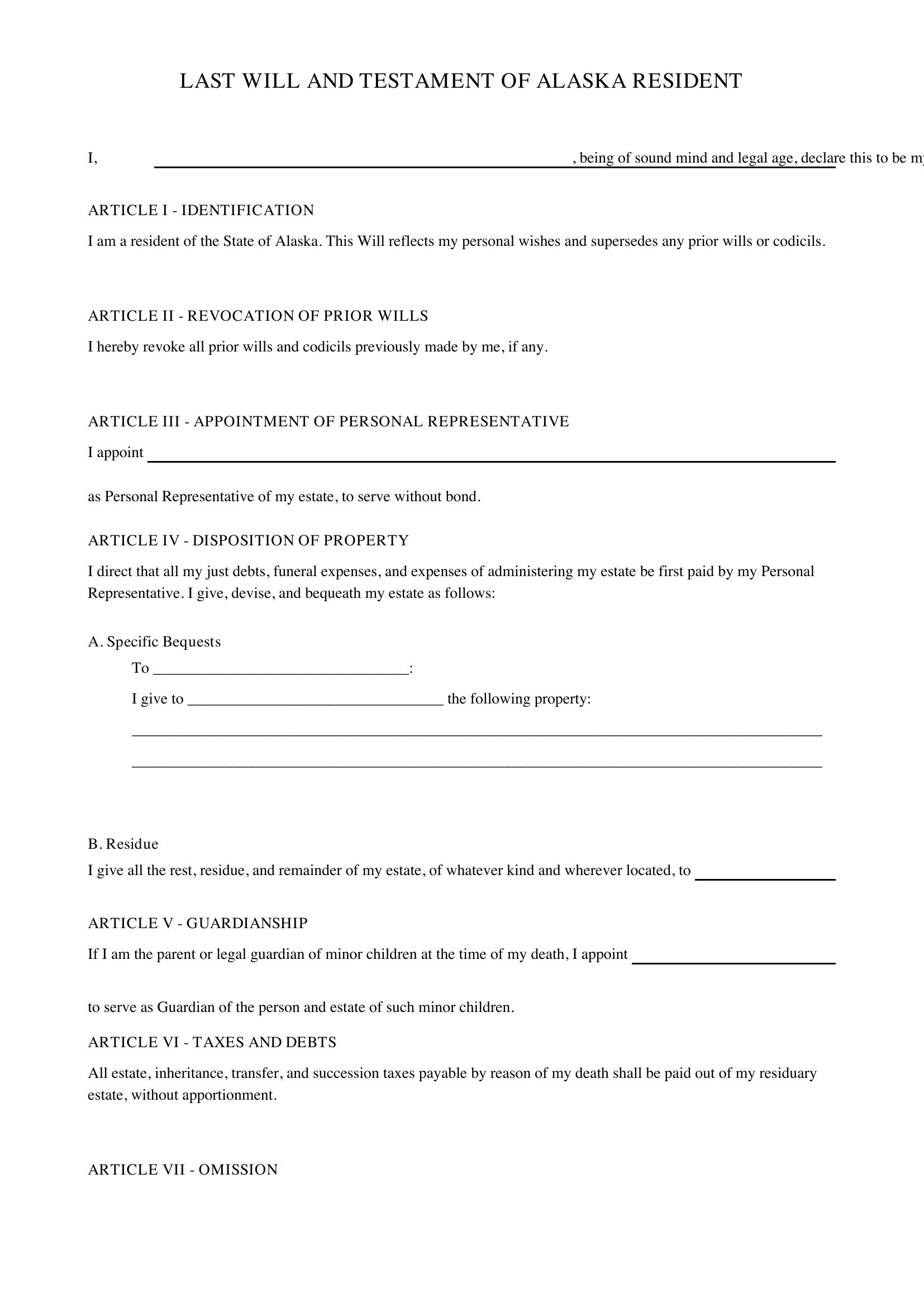 Alaska Will Template