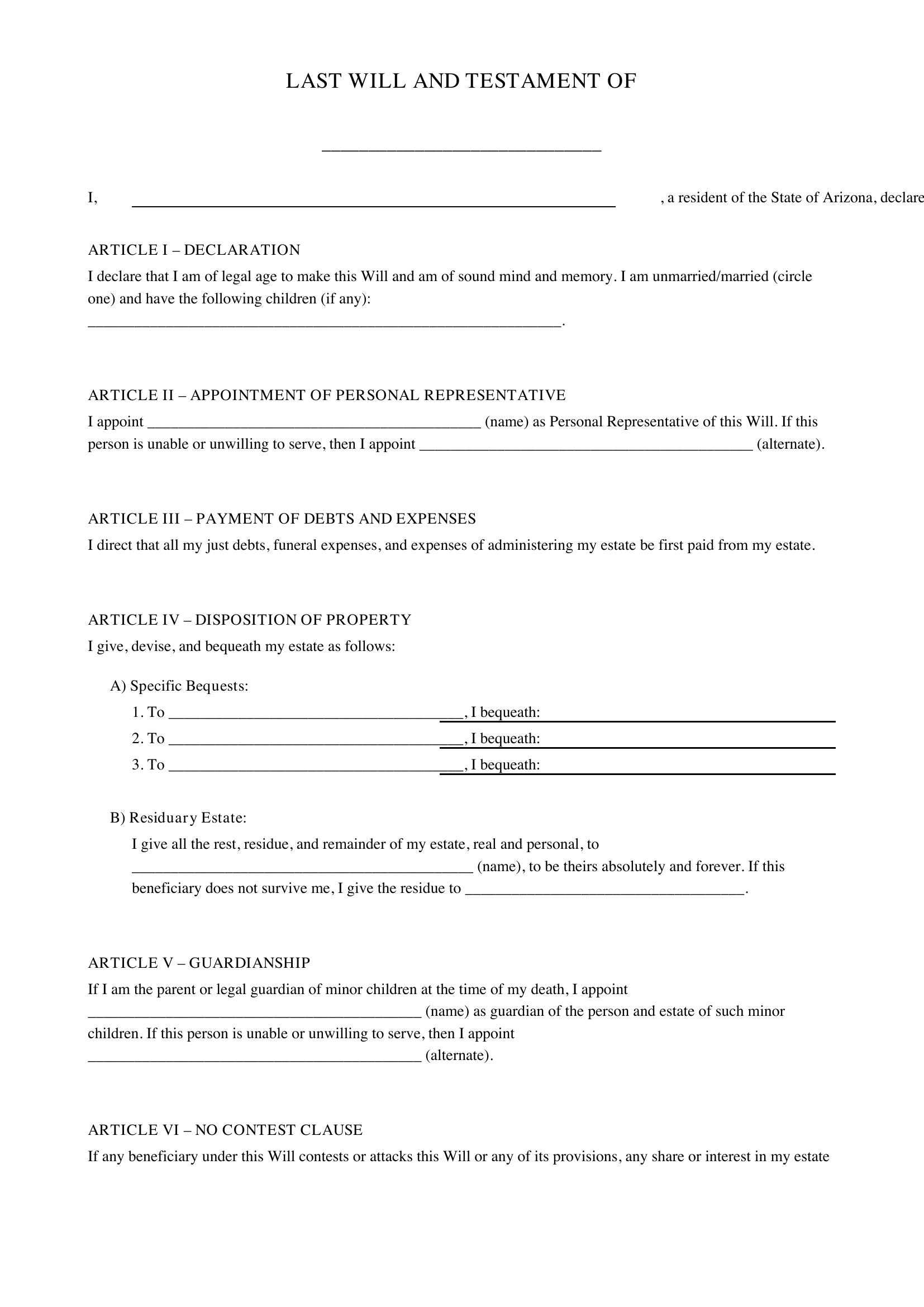 Arizona Will Template