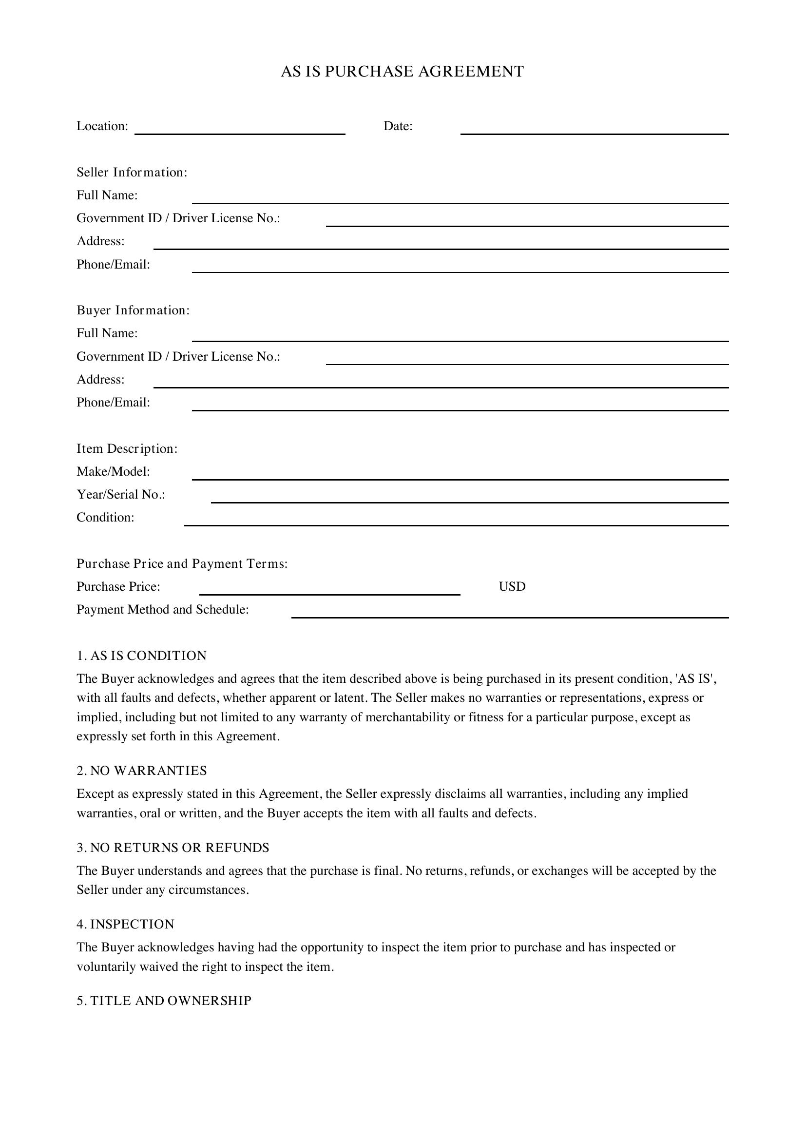 As Is Purchase Agreement Template