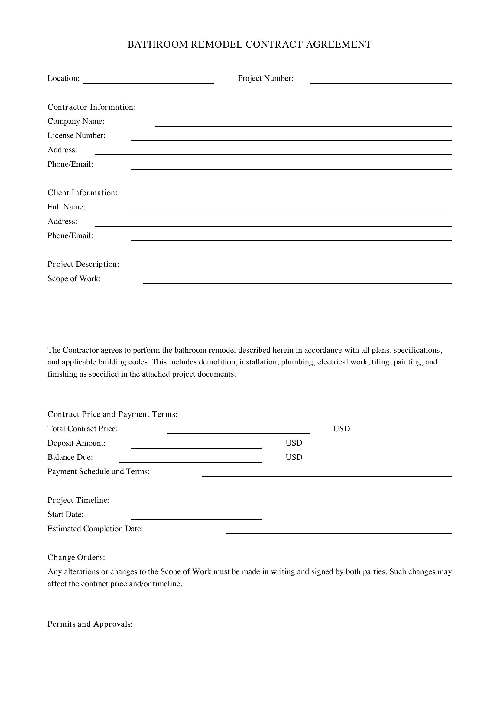 Bathroom Remodel Contract Template