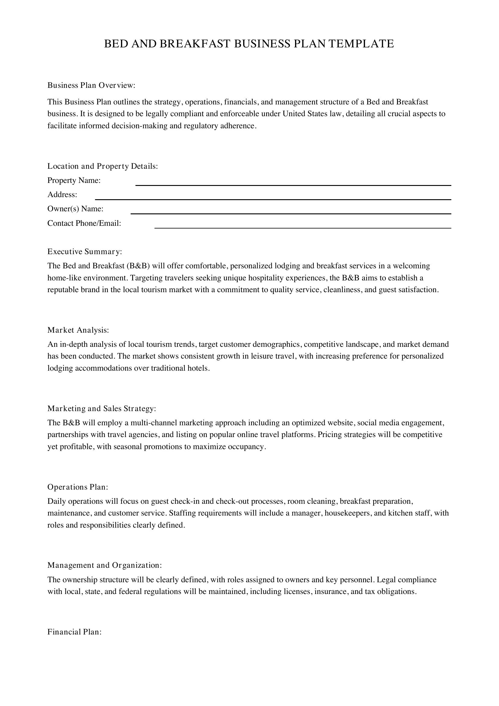 Bed And Breakfast Business Plan Template
