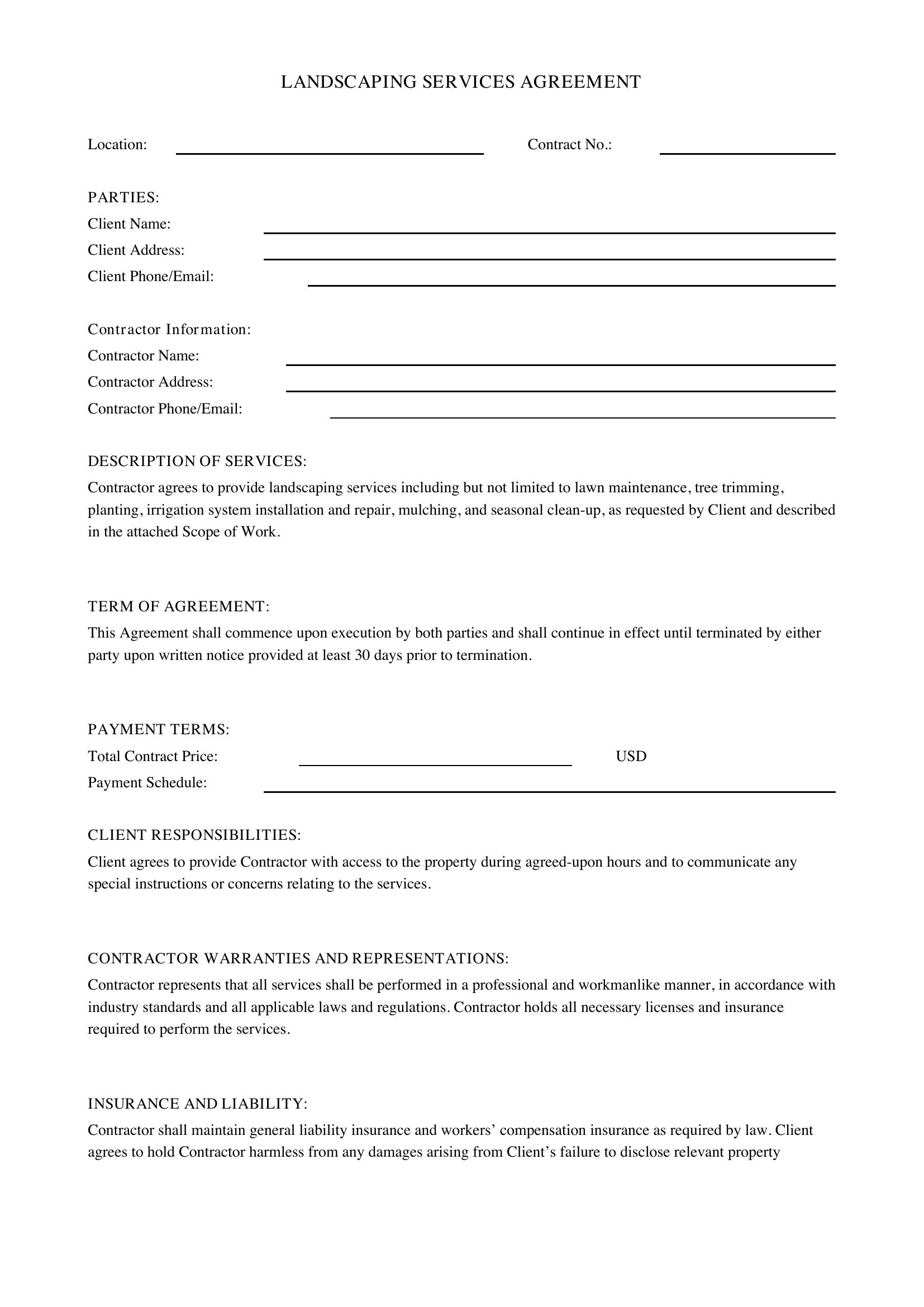 Blank Landscaping Contract Template