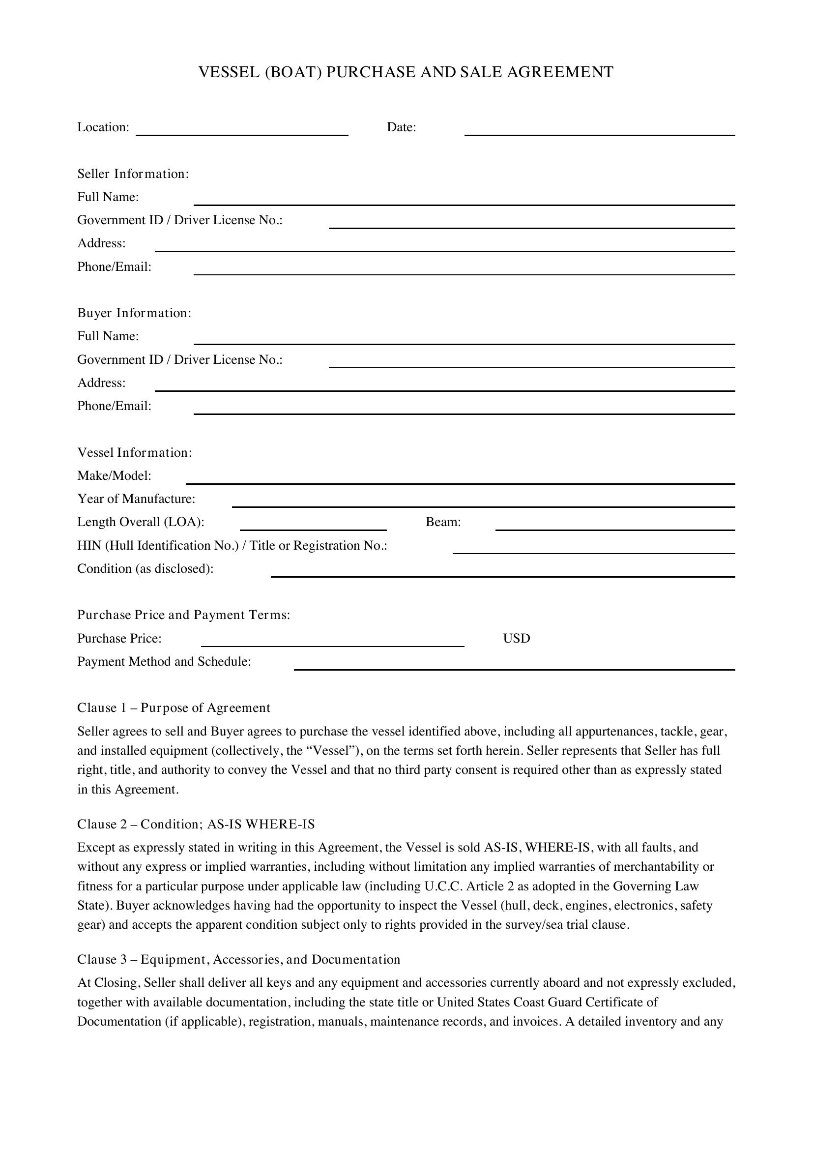 Boat Sale Agreement Template