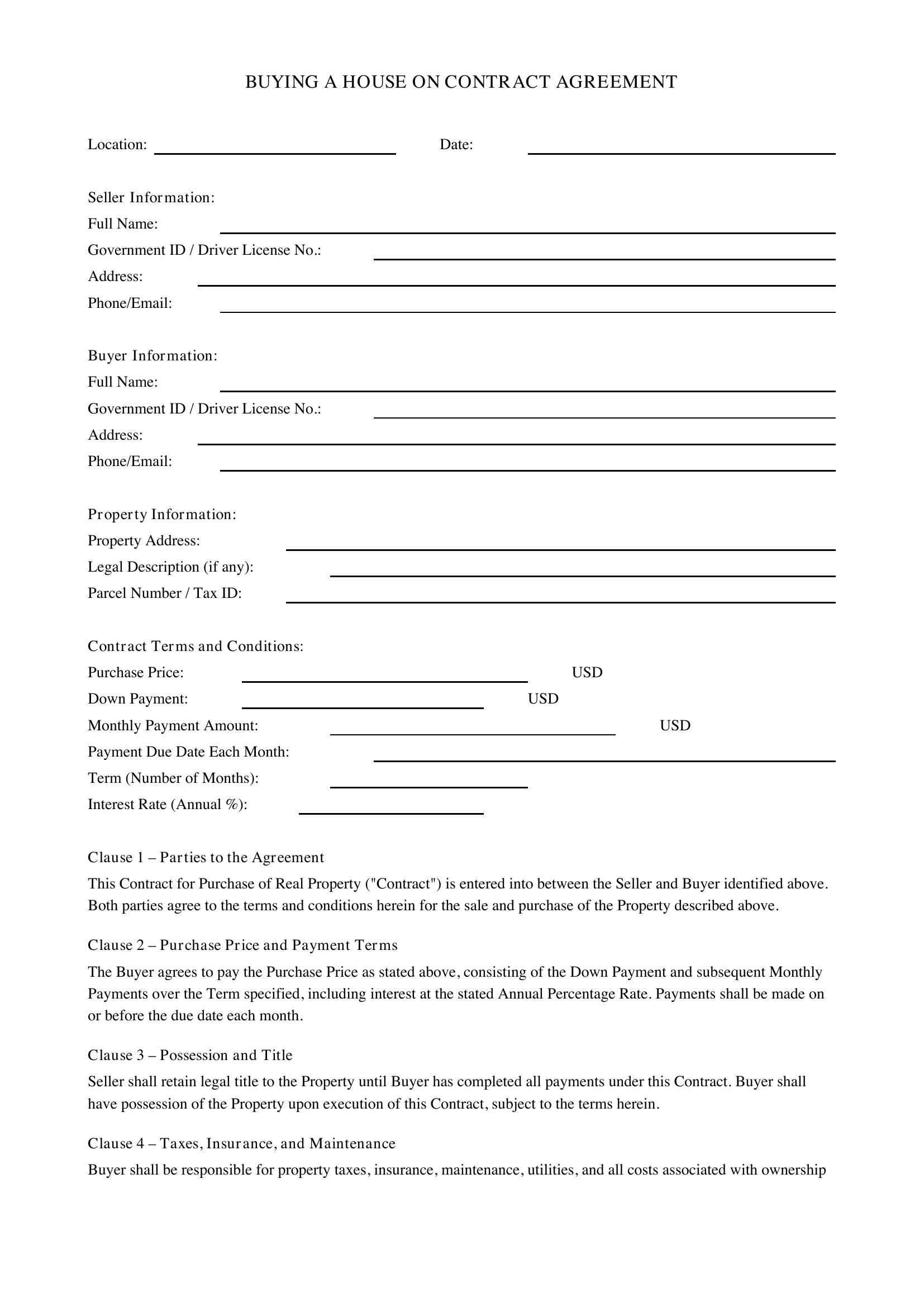 Buying A House On Contract Template