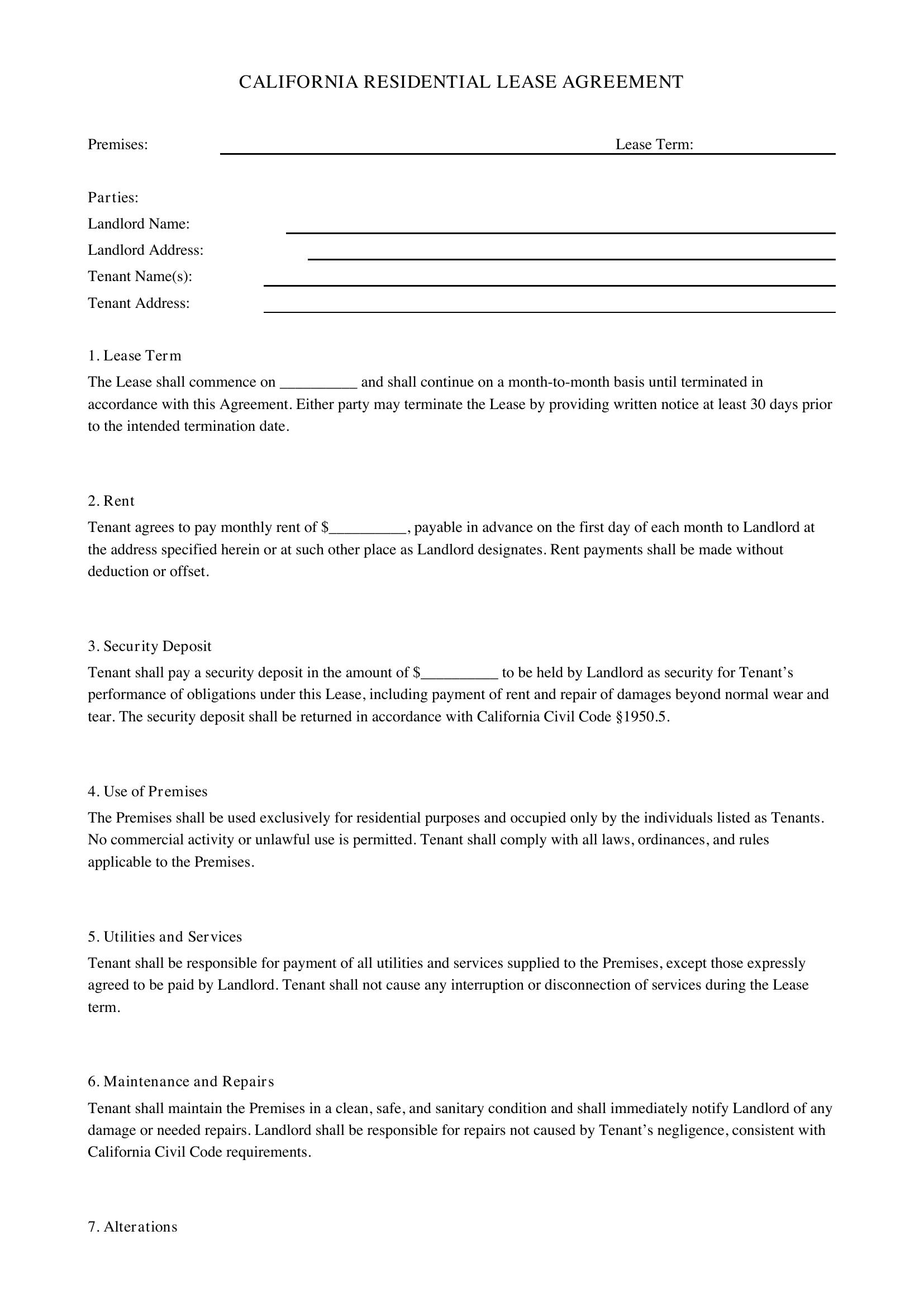 California Lease Agreement Template