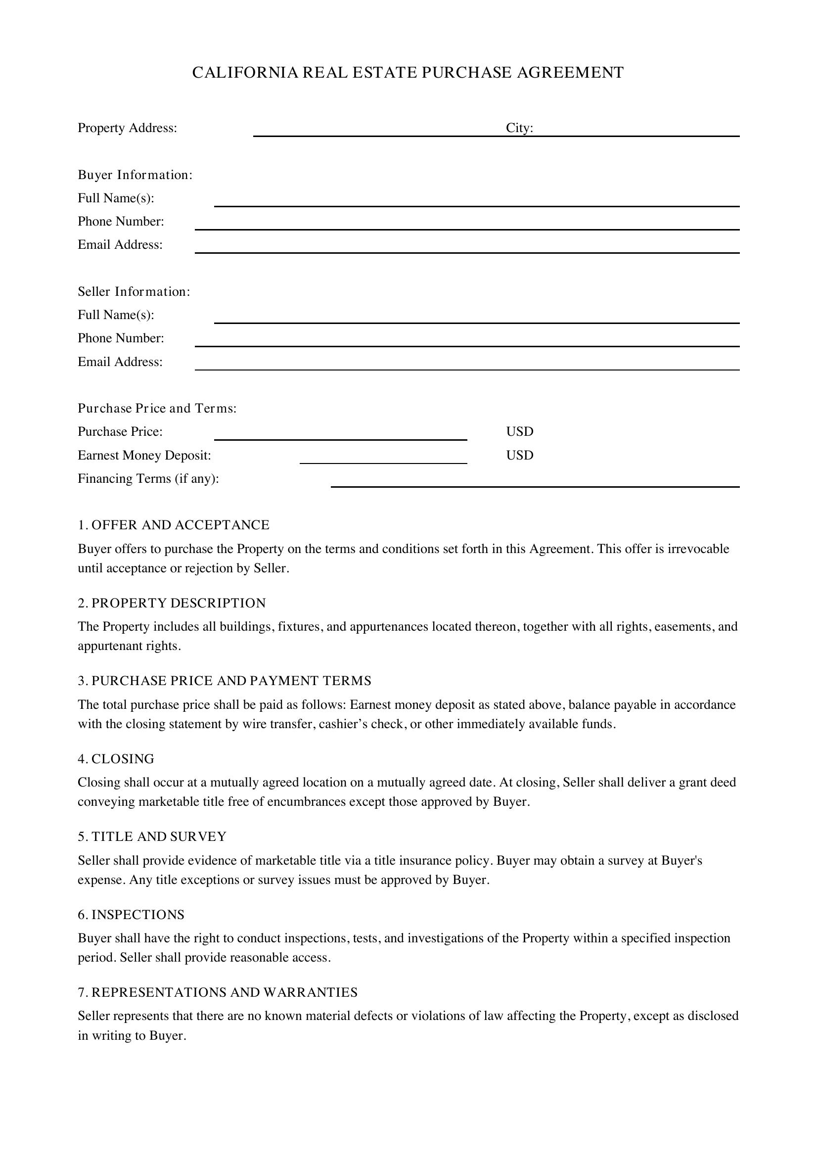 California Real Estate Purchase Agreement Template