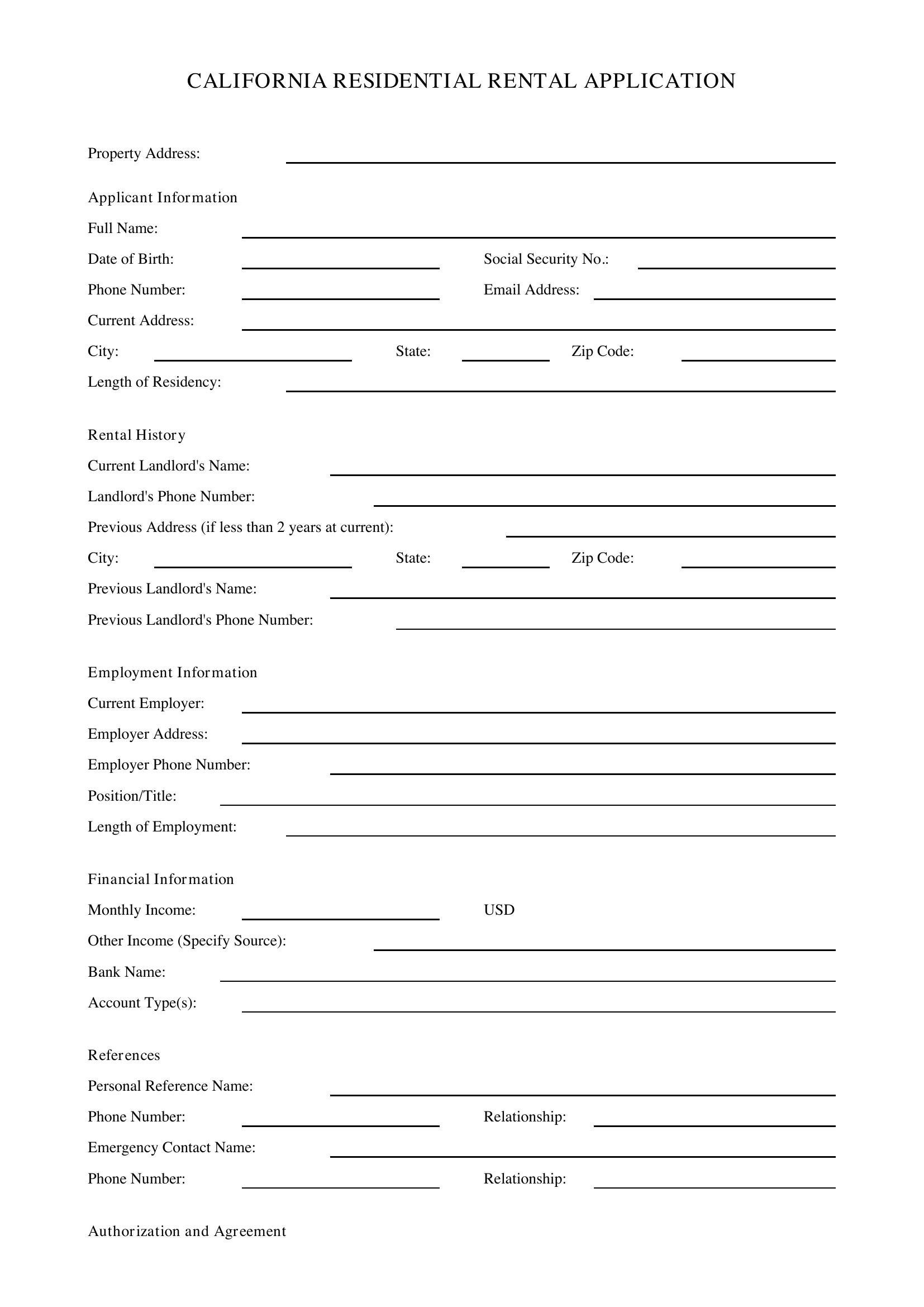 California Rental Application Template