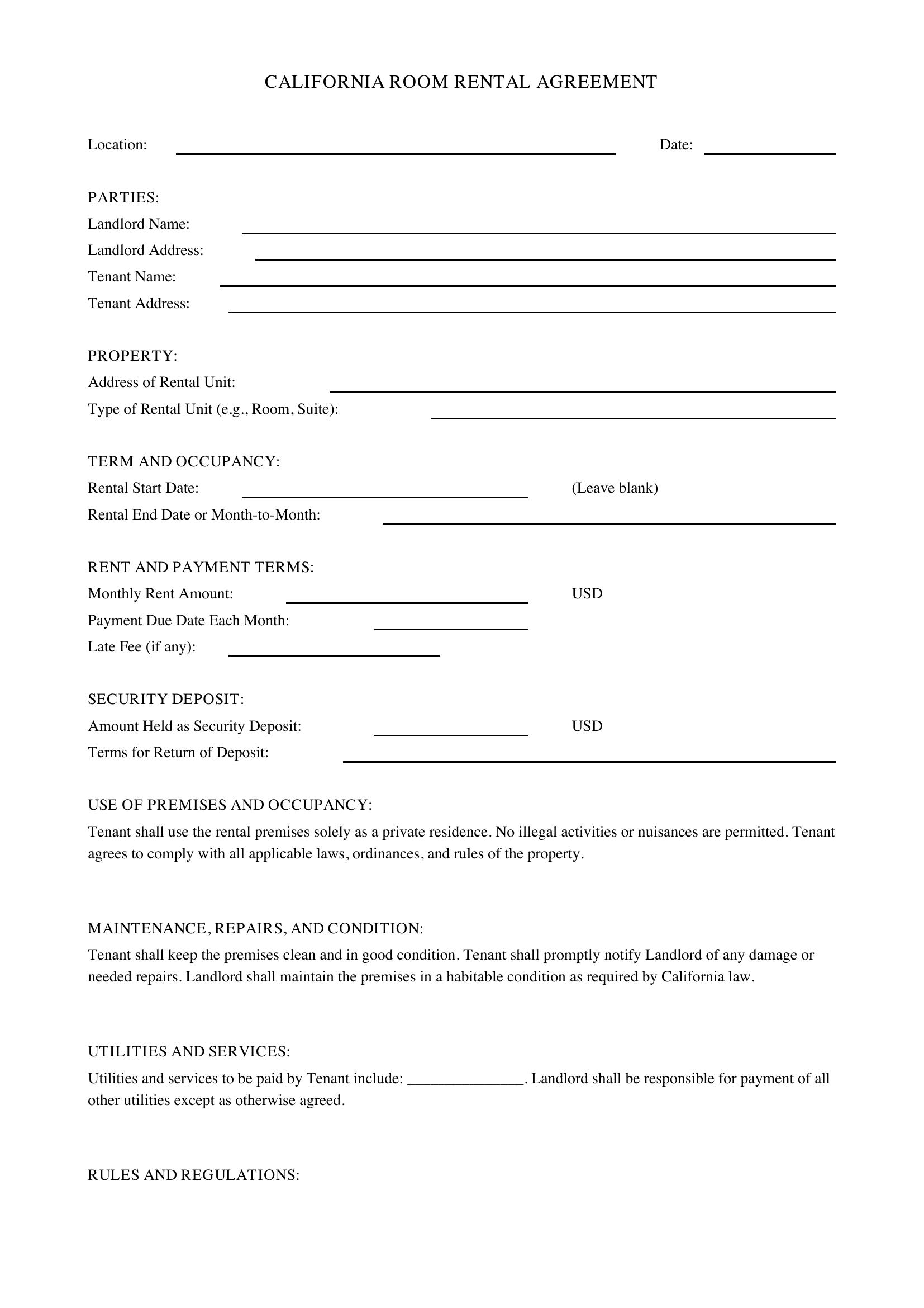 California Room Rental Agreement Template