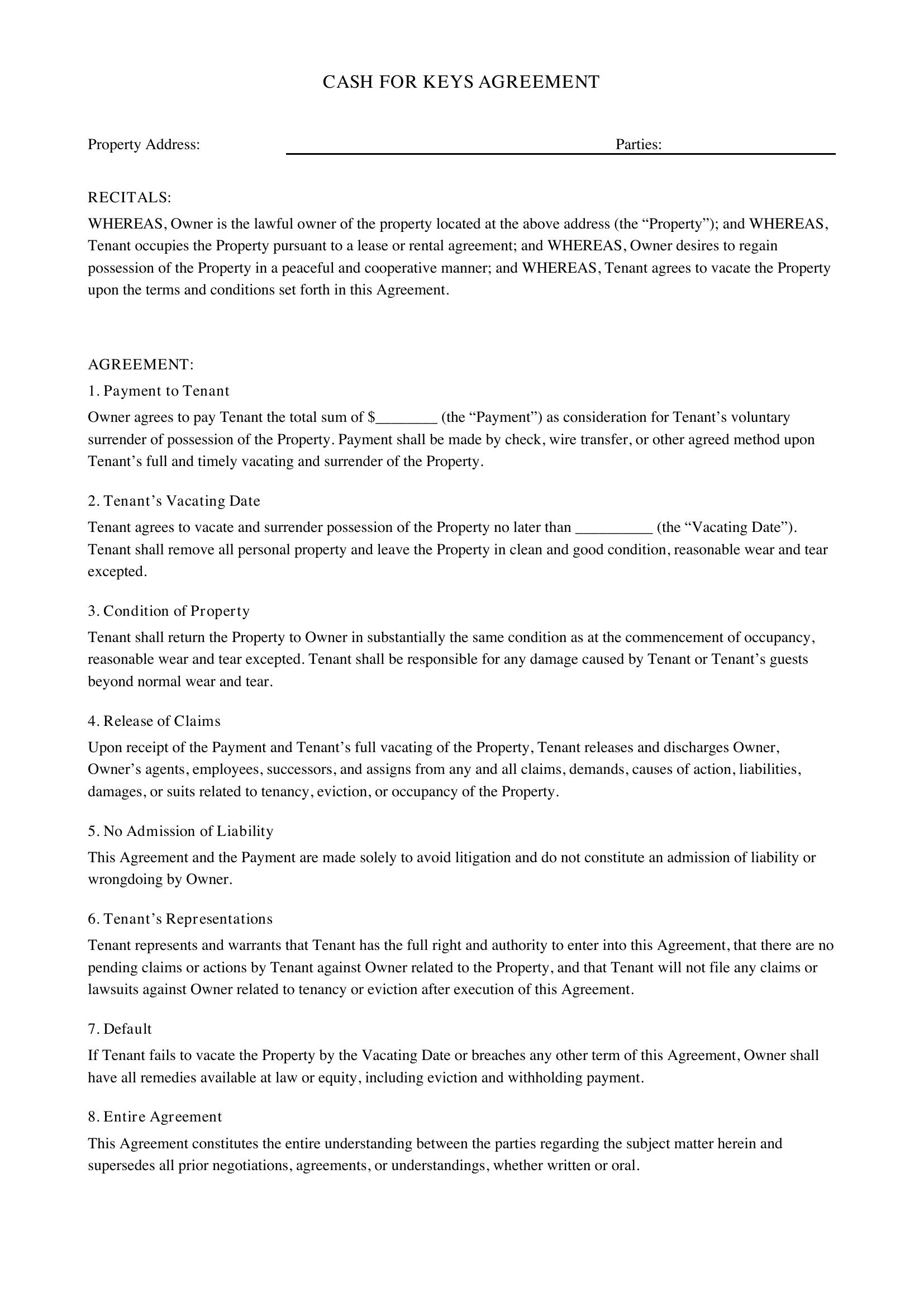 Cash For Keys Agreement Template