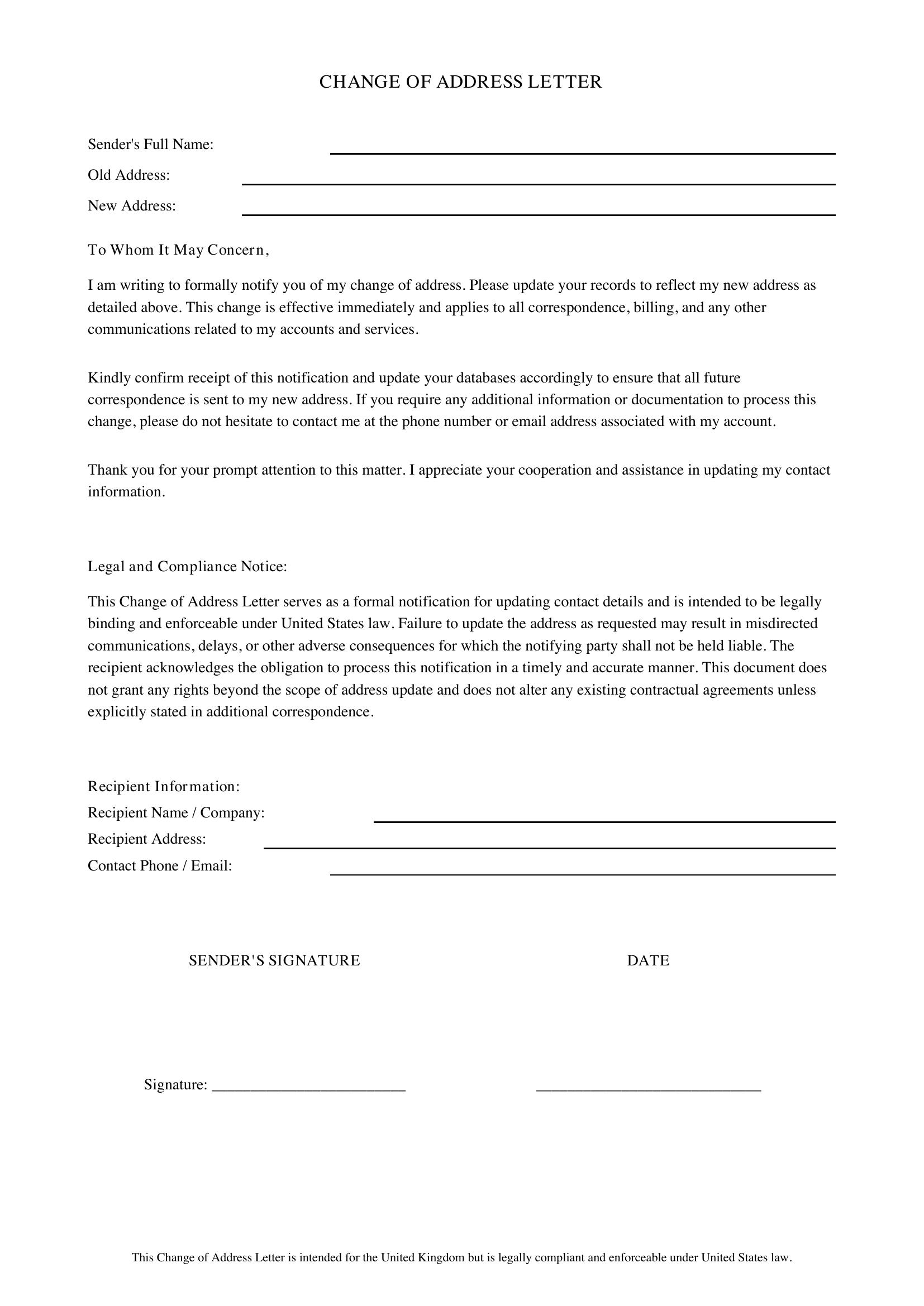 Change Of Address Letter Template Uk