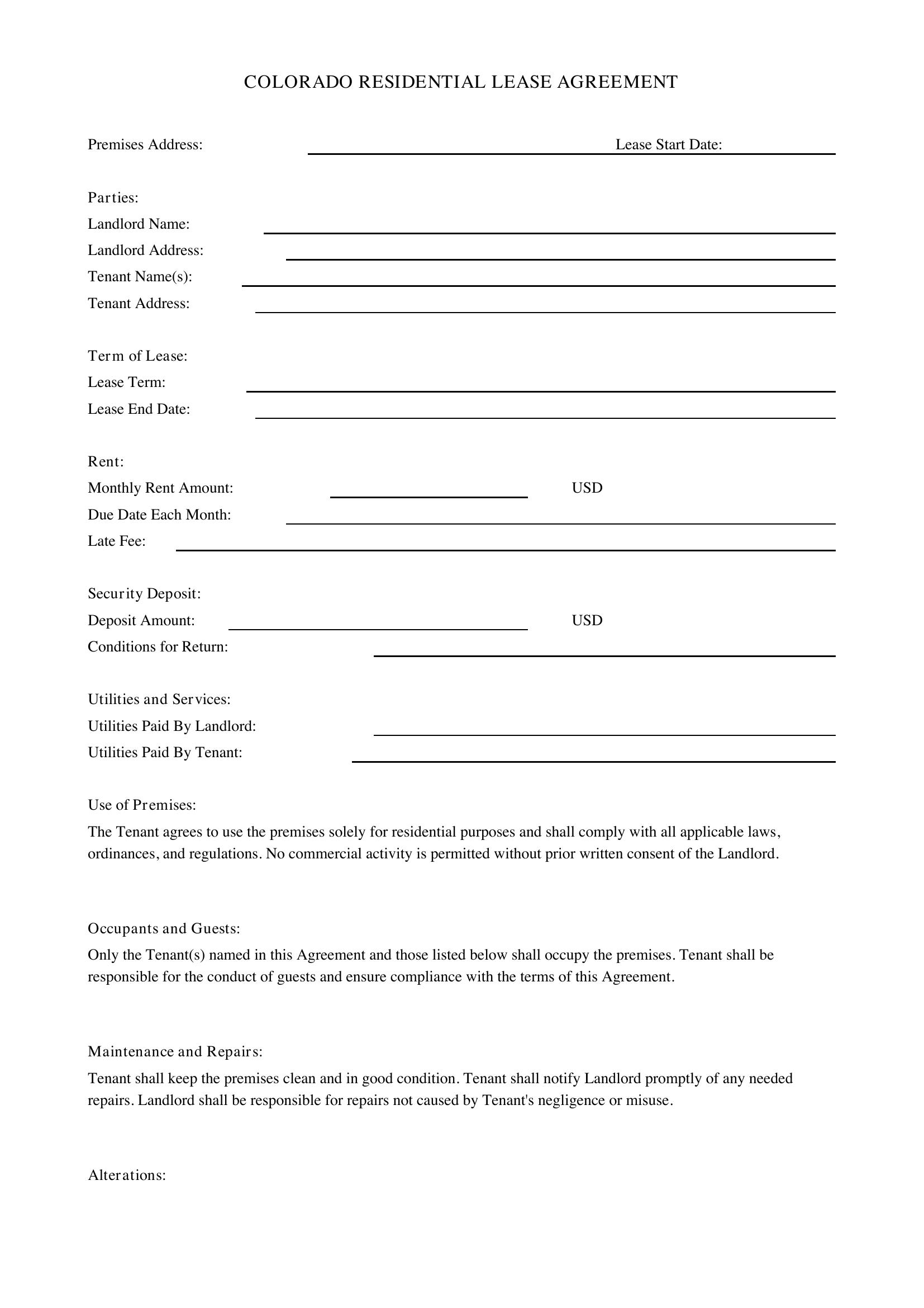 Colorado Lease Agreement Template