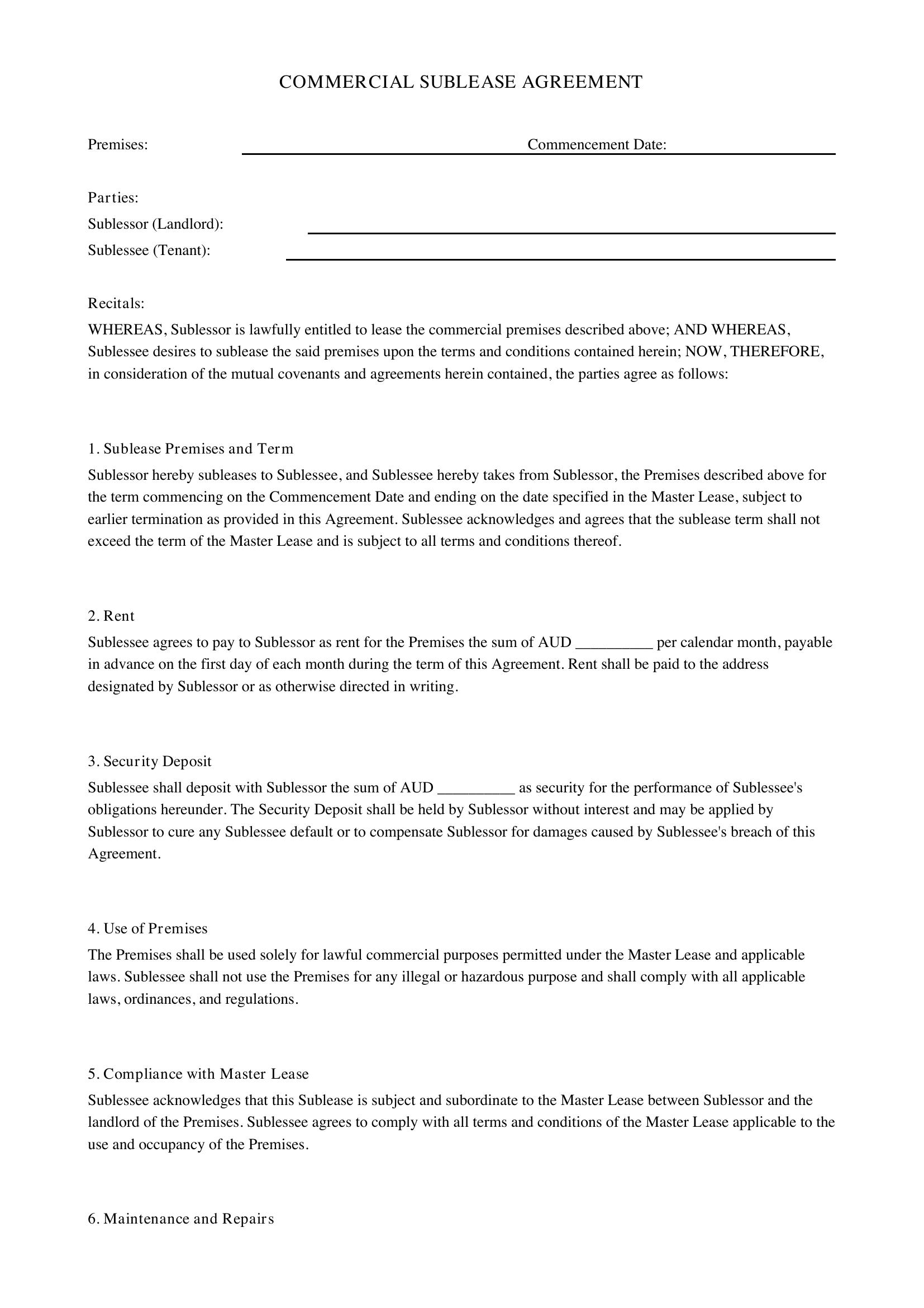 Commercial Sublease Agreement Template Australia