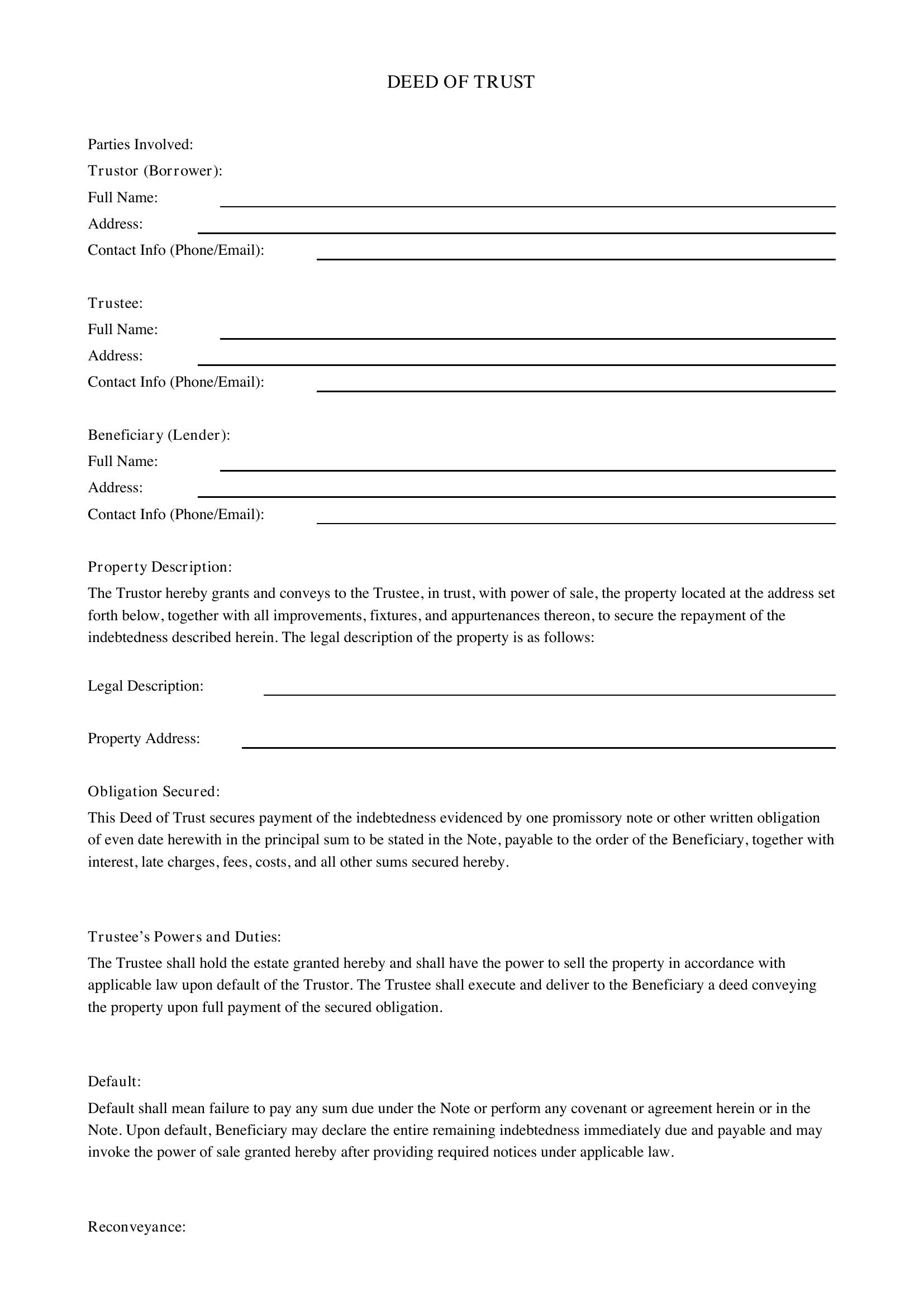 Deed Of Trust Template Uk
