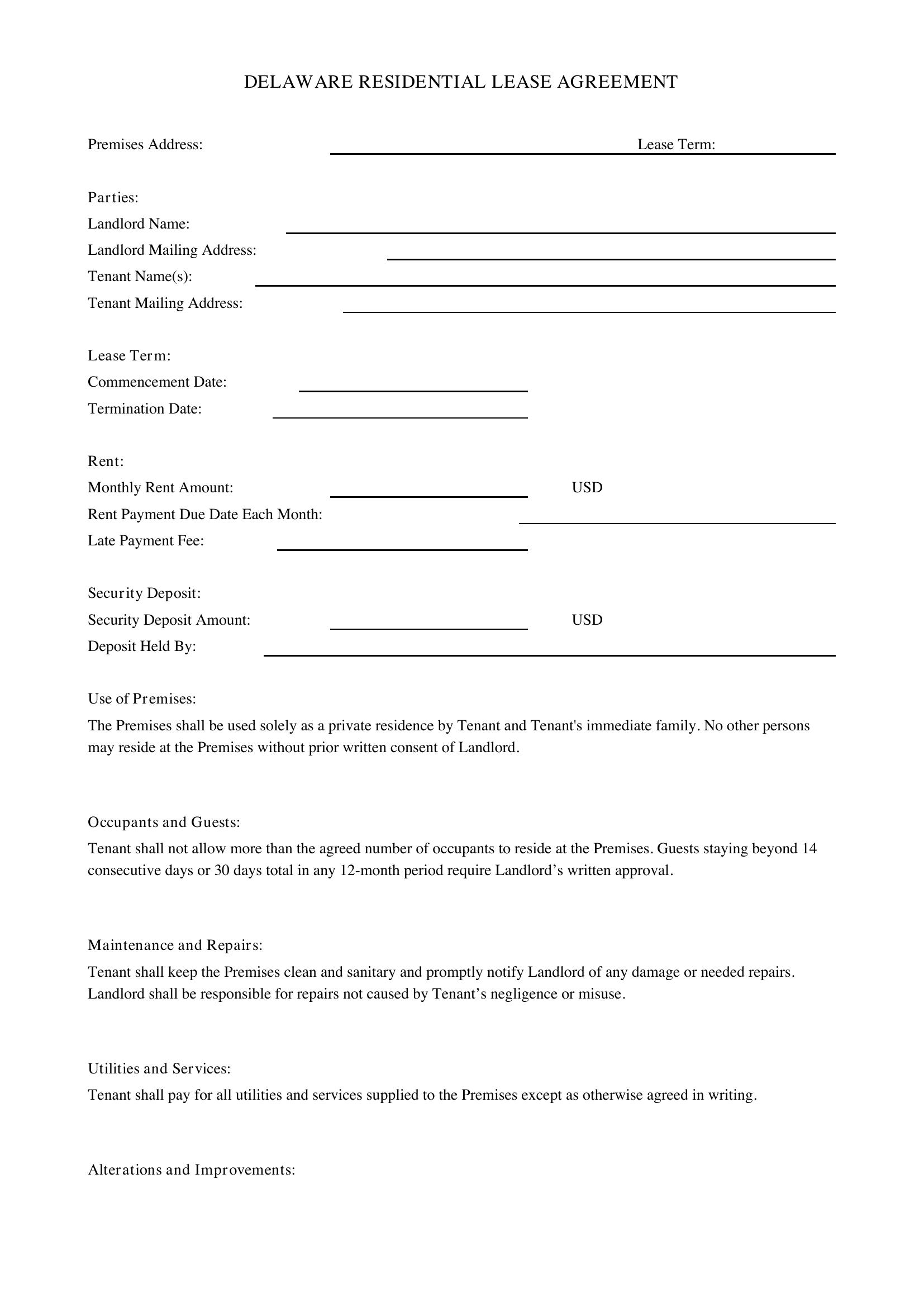 Delaware Lease Agreement Template