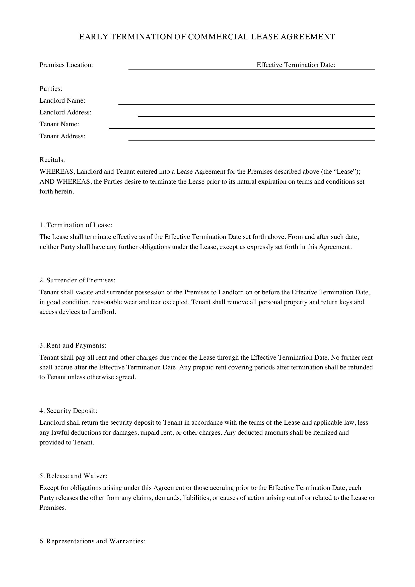 Early Termination Of Commercial Lease Agreement Template