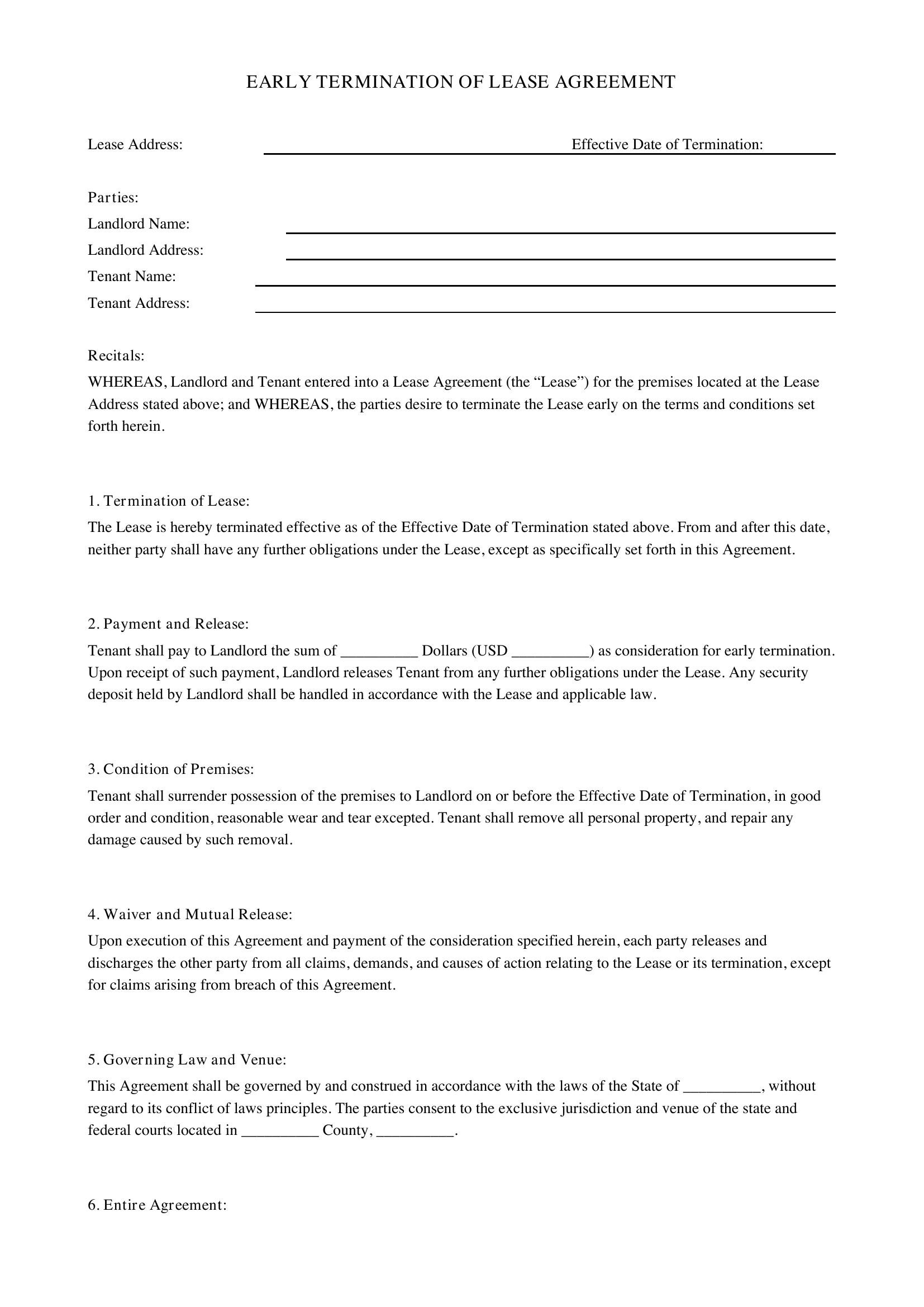 Early Termination Of Lease Agreement Template