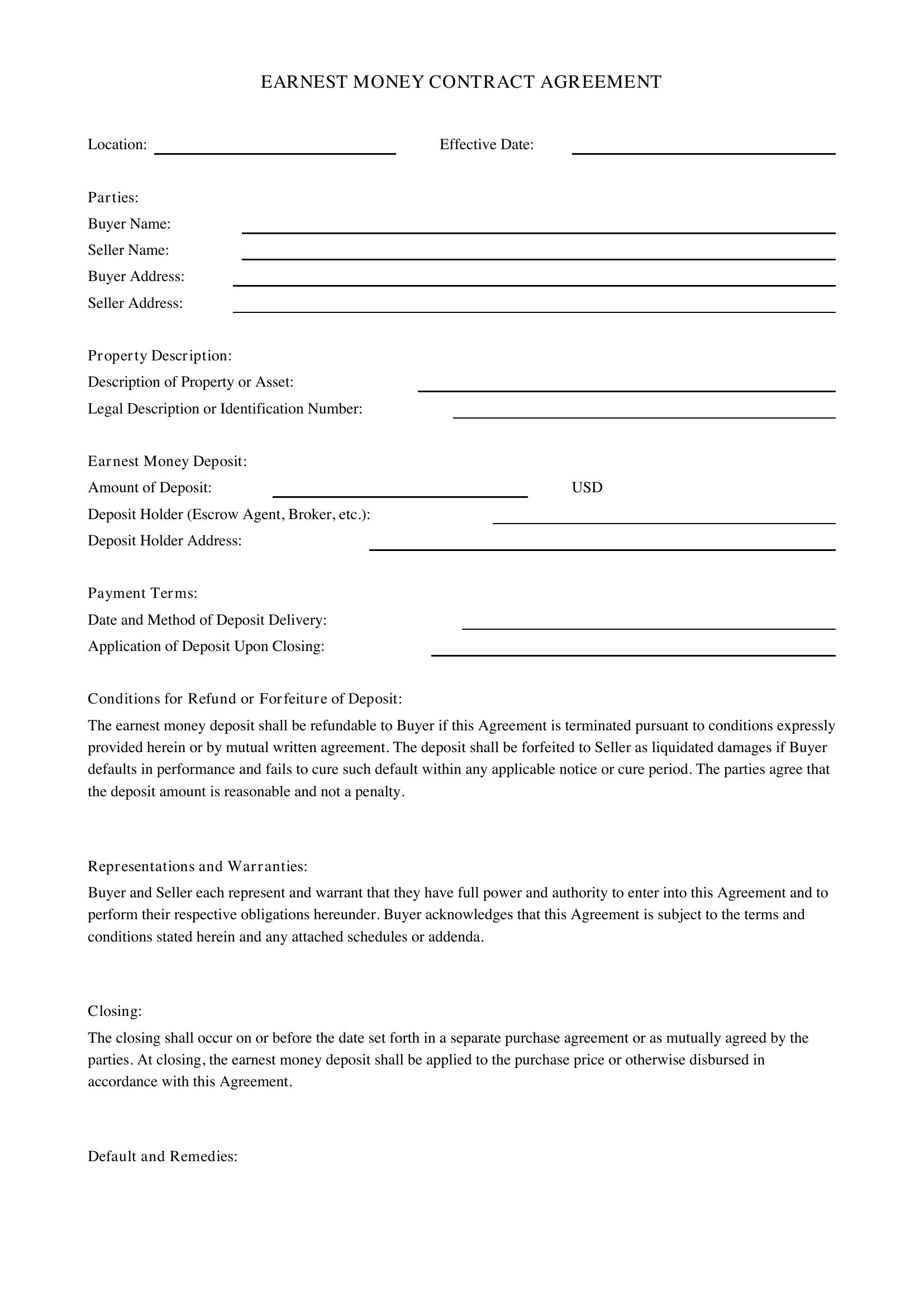 Earnest Money Contract Template