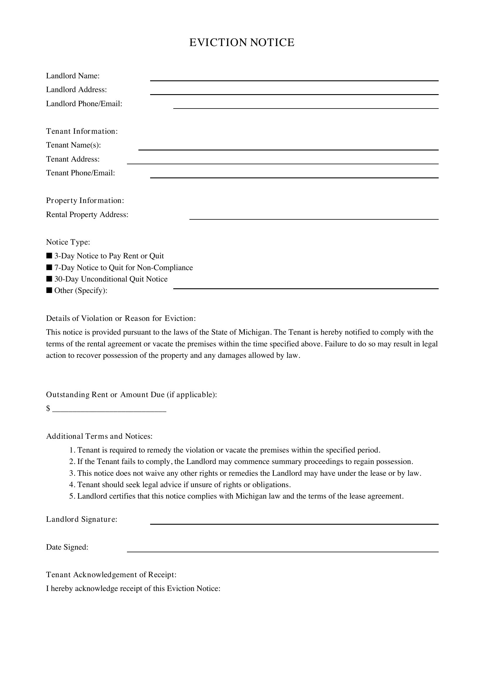 Eviction Notice Template Michigan
