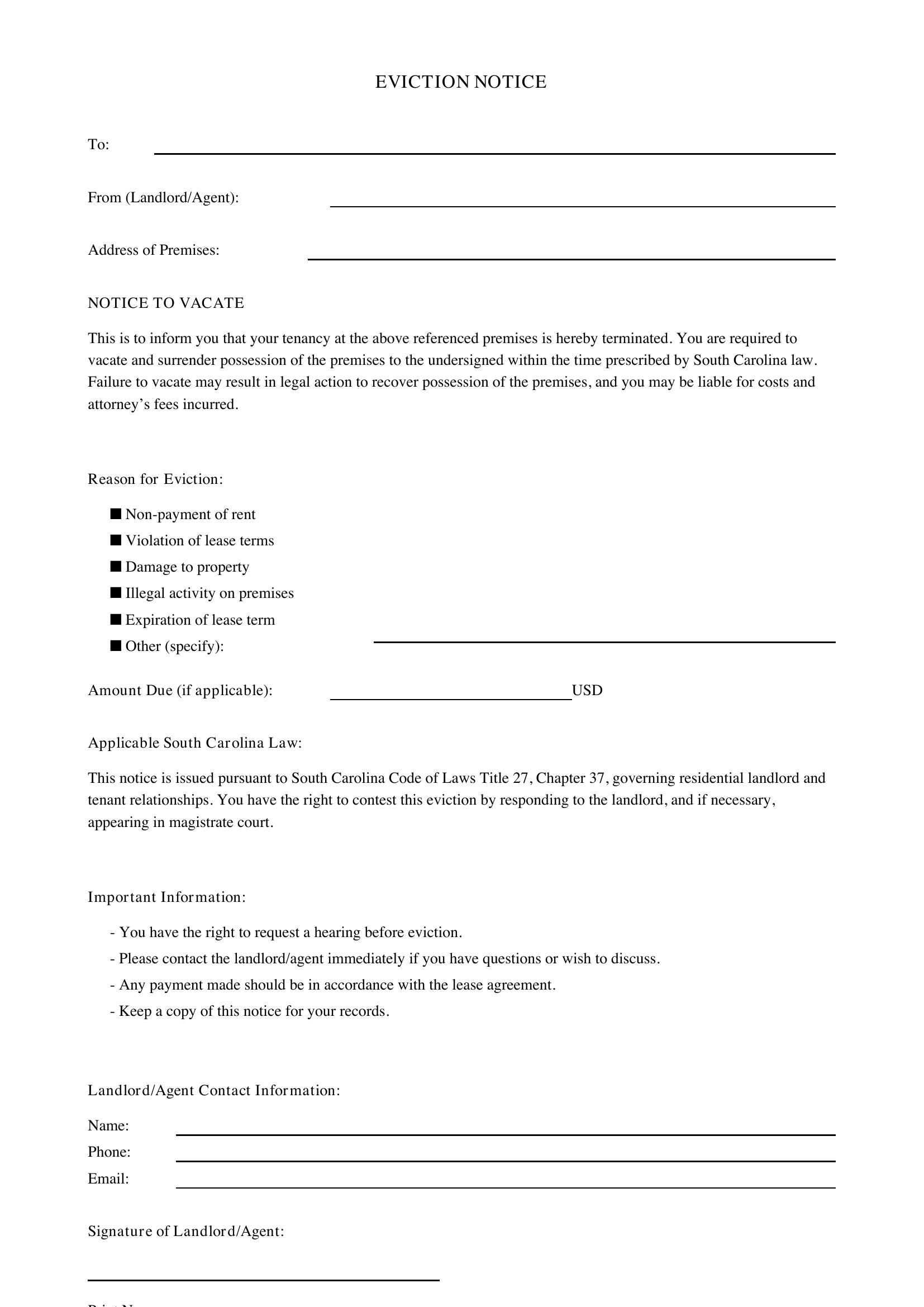 Eviction Notice Template South Carolina