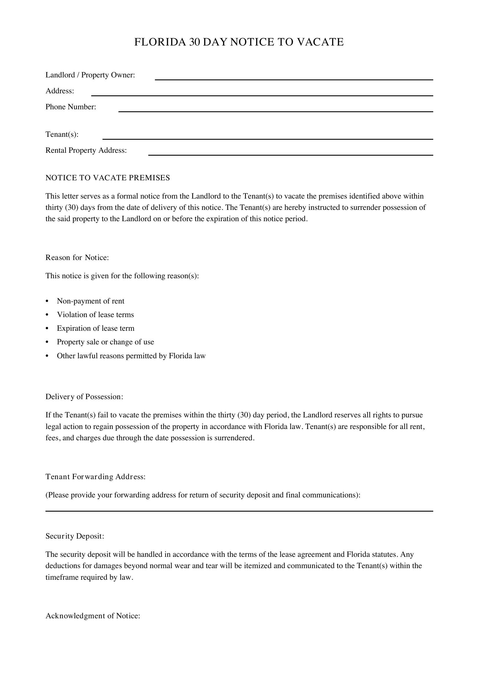 Florida 30 Day Notice To Vacate Template