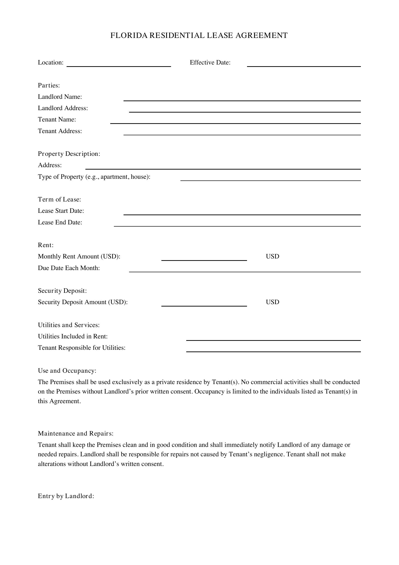 Florida Lease Agreement Template