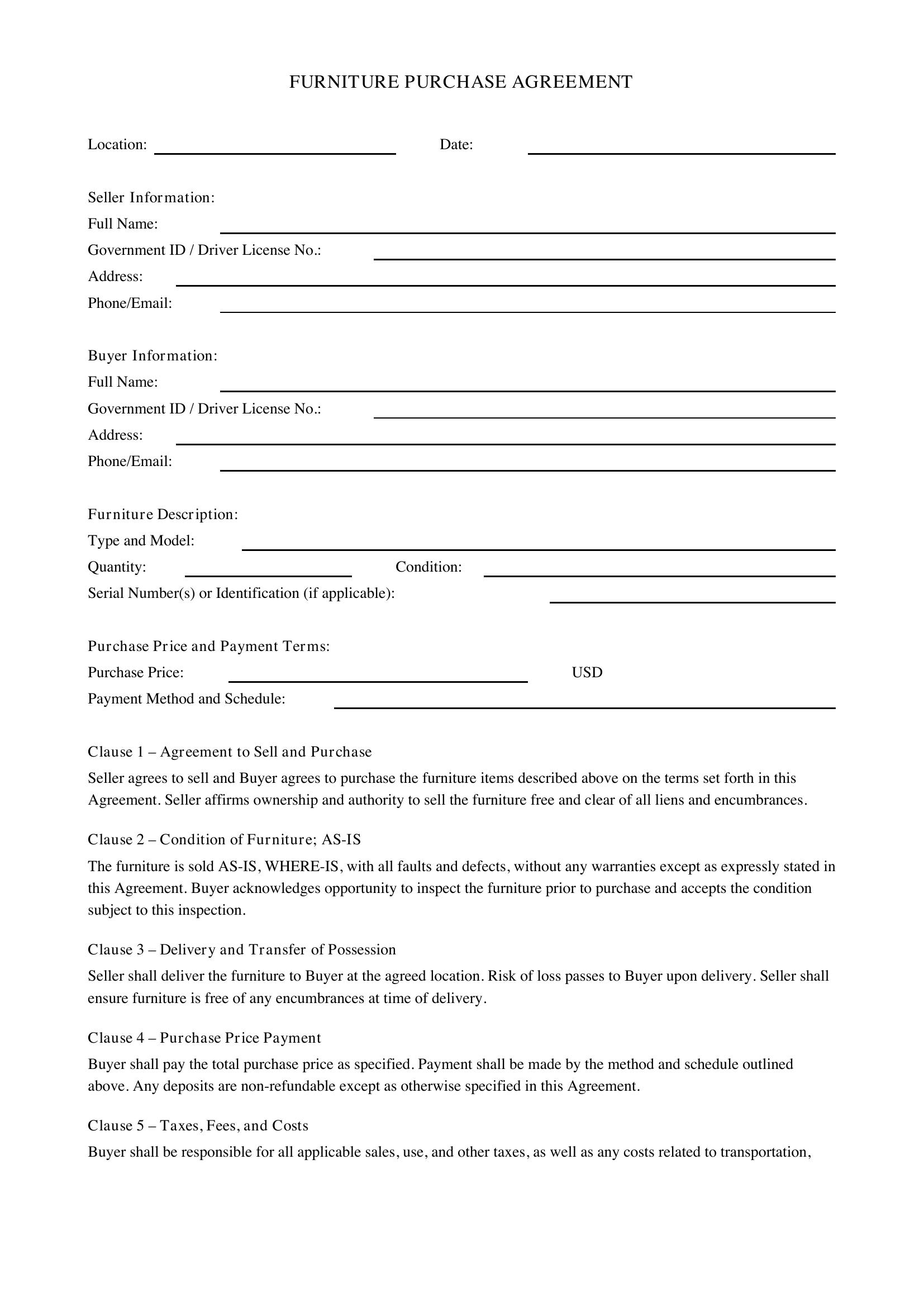 Furniture Purchase Agreement Template