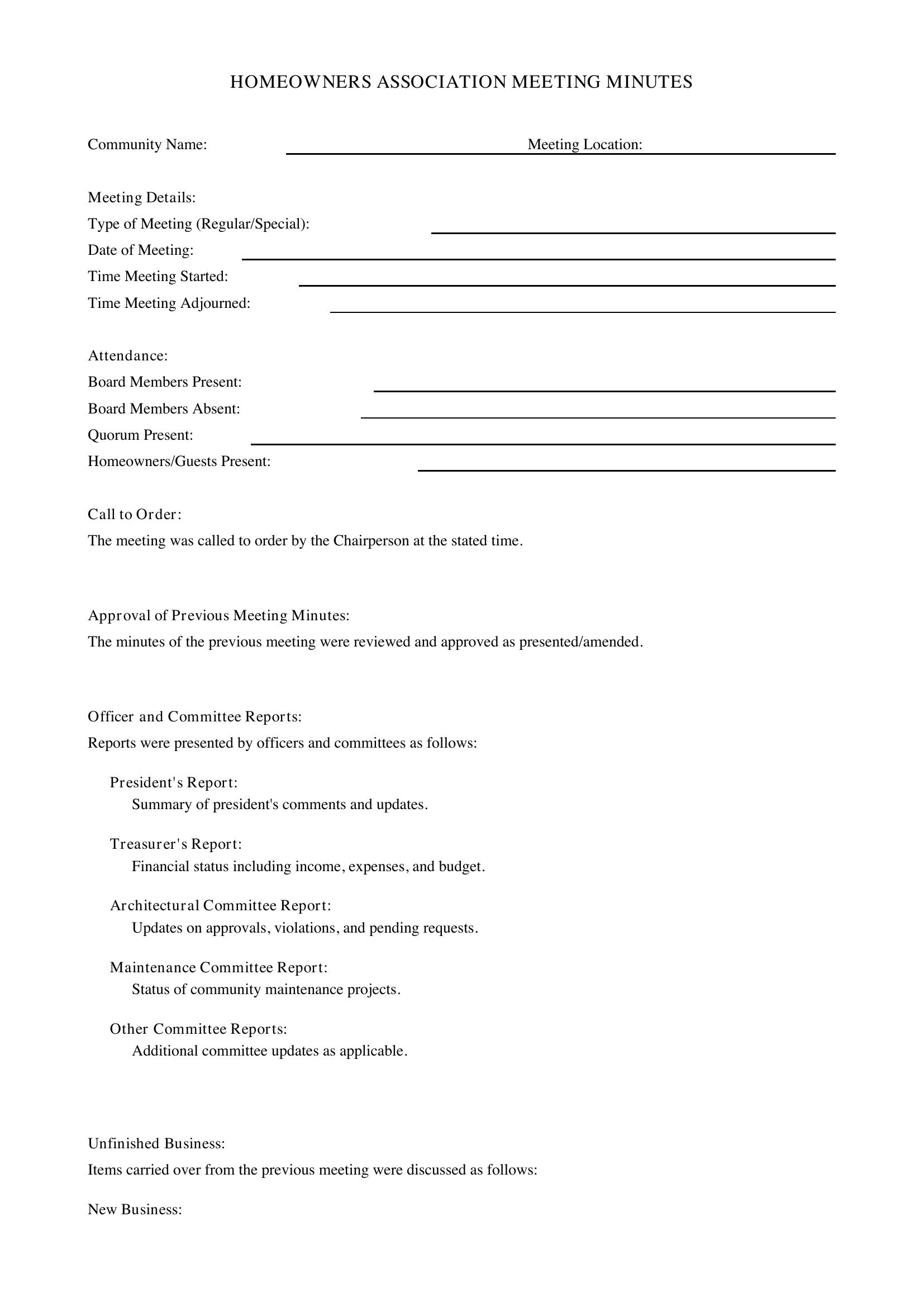 Hoa Meeting Minutes Template