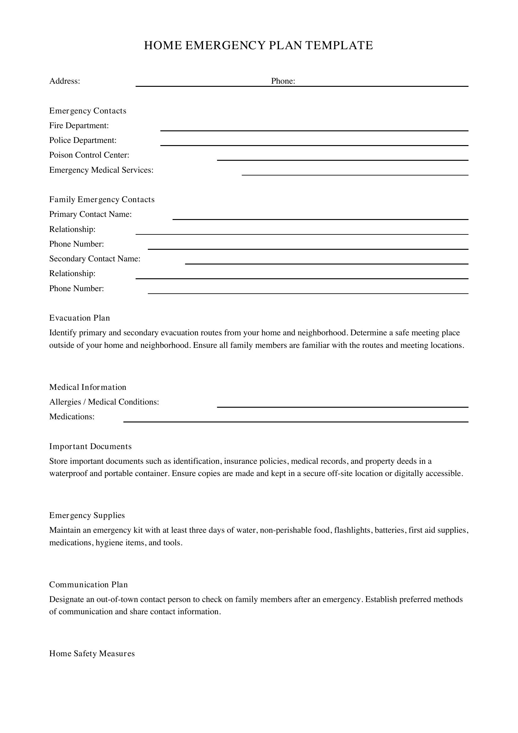 Home Emergency Plan Template