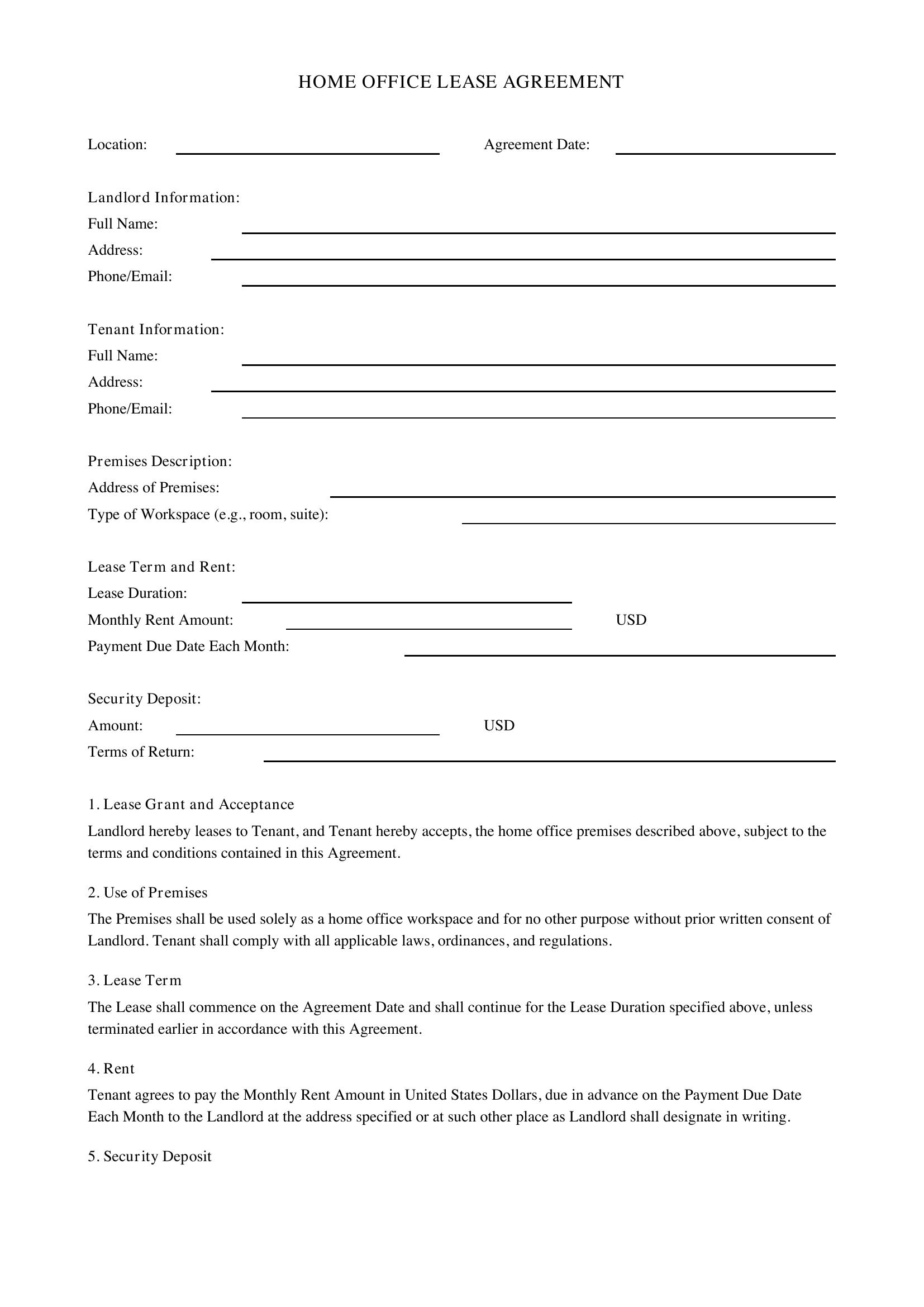 Home Office Lease Agreement Template