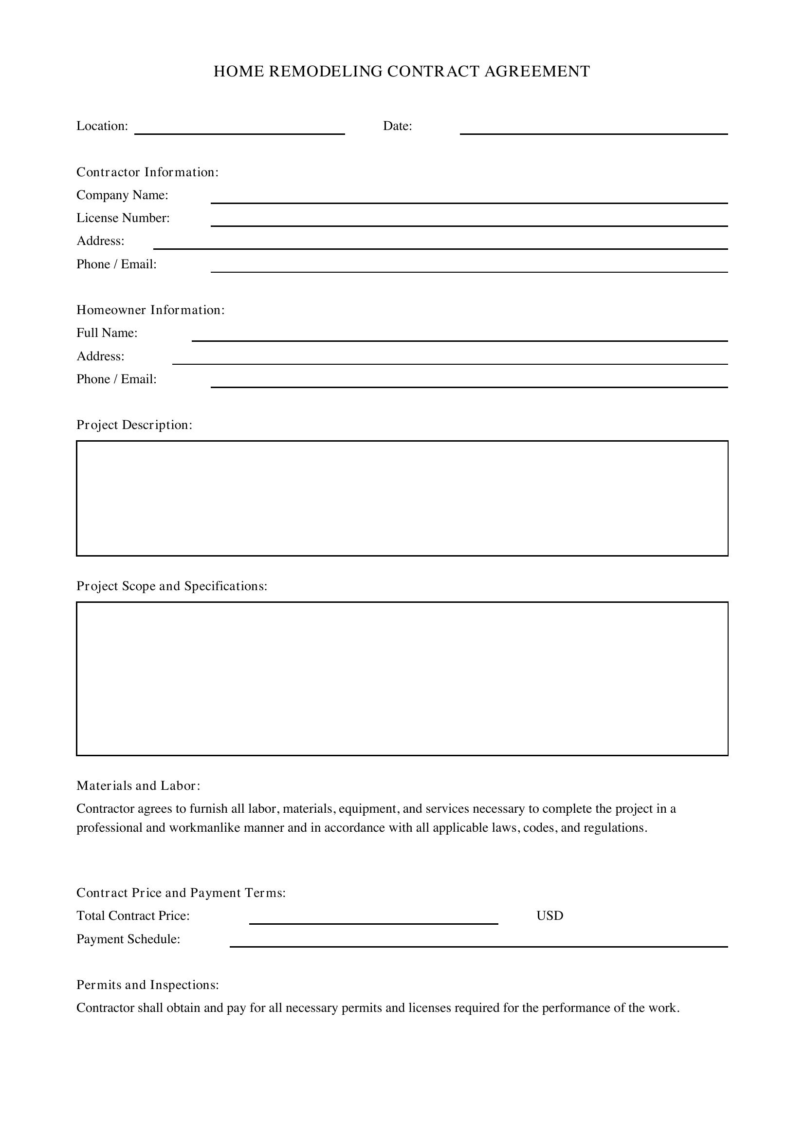 Home Remodeling Contract Template