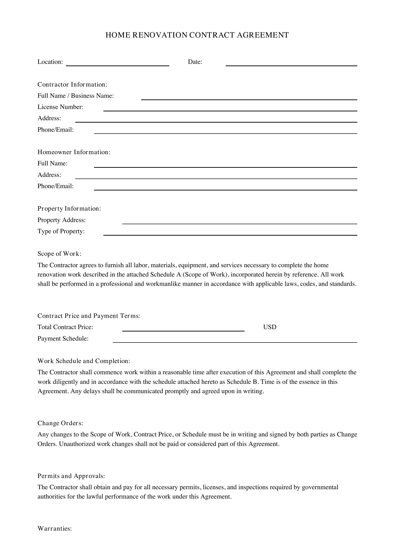 Home Renovation Contract Template