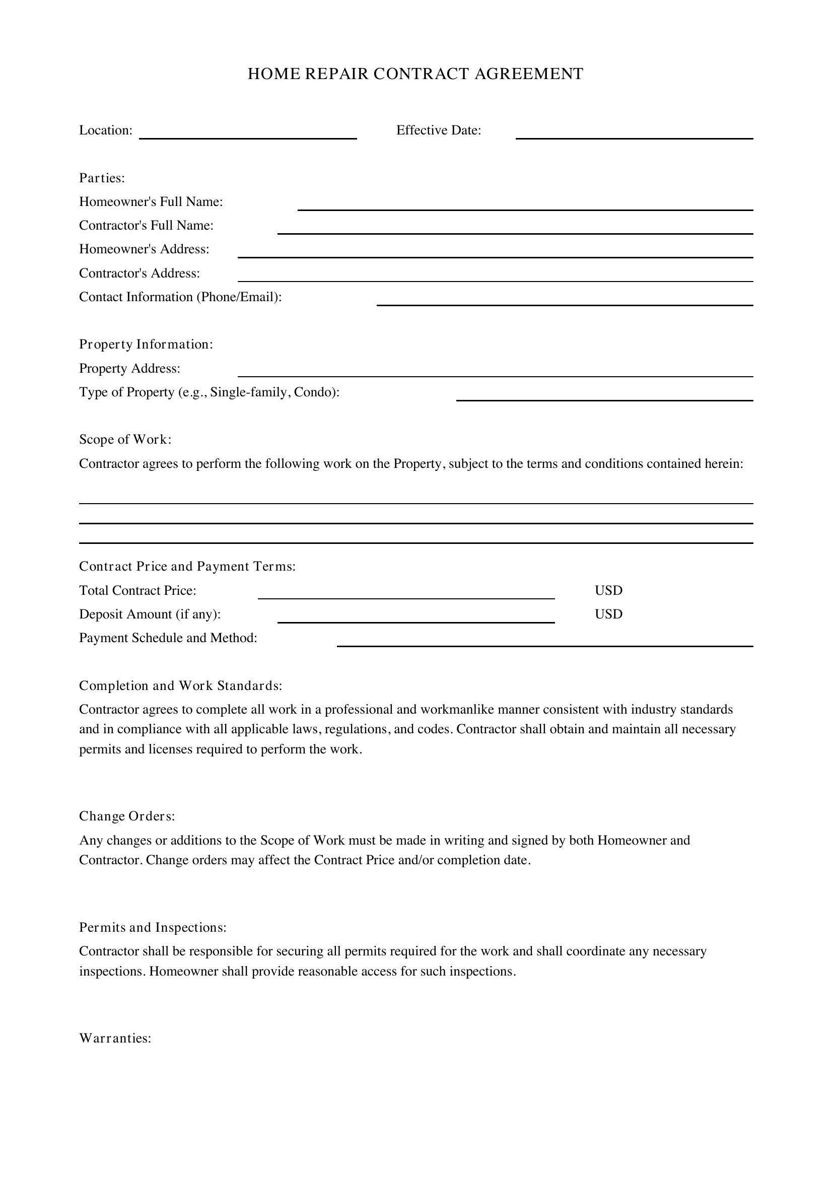 Home Repair Contract Template