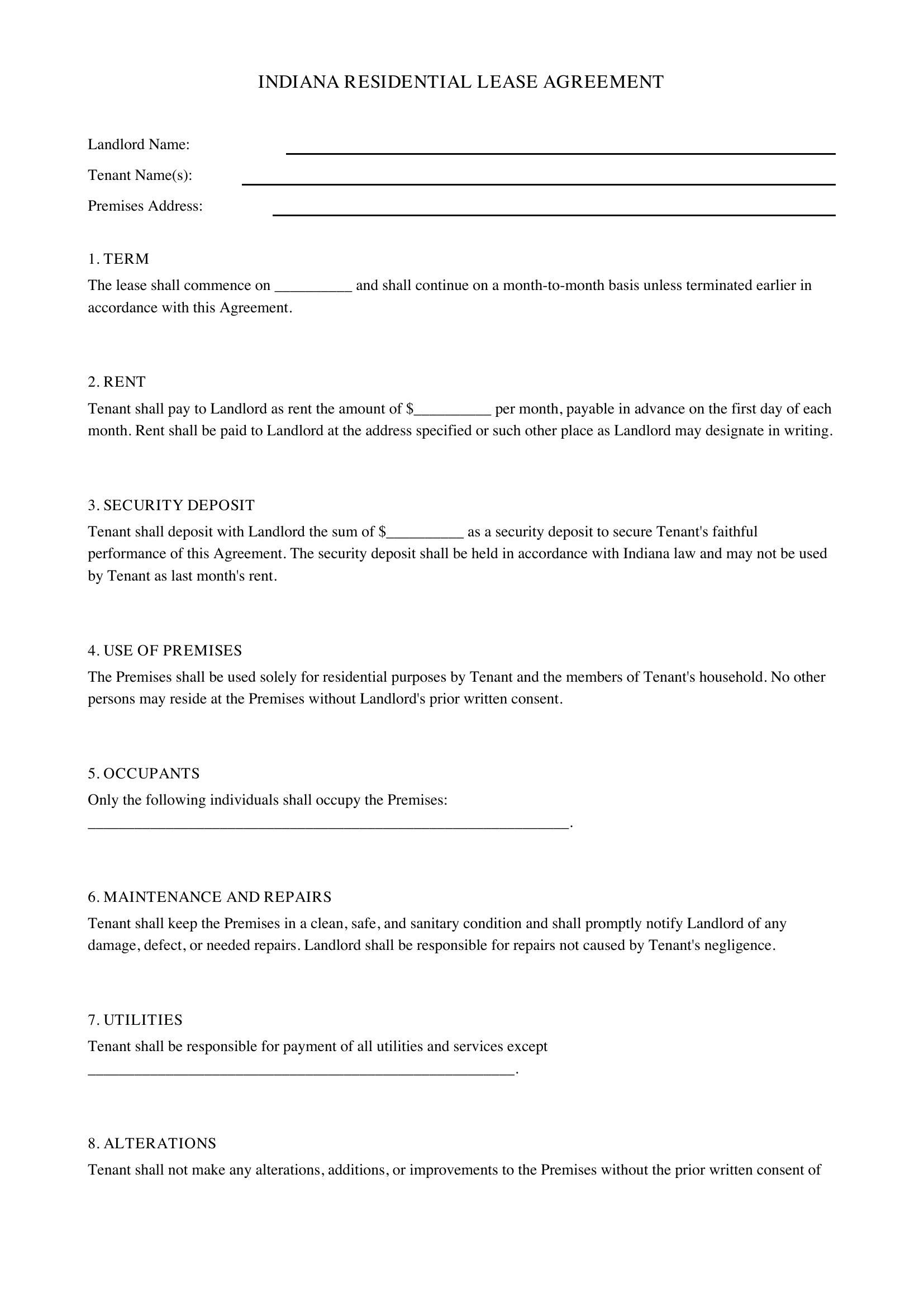 Indiana Lease Agreement Template