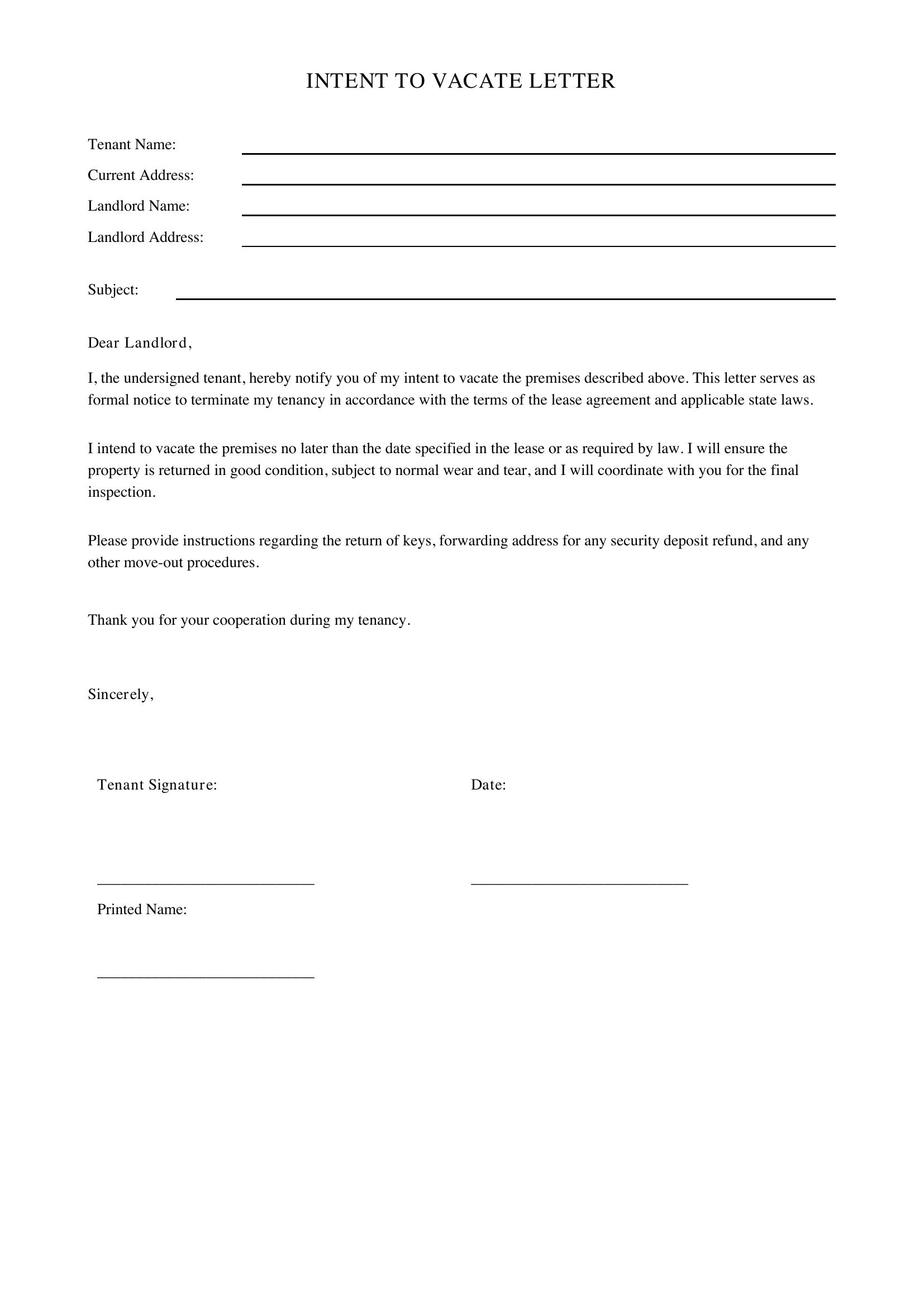 Intent To Vacate Letter Template