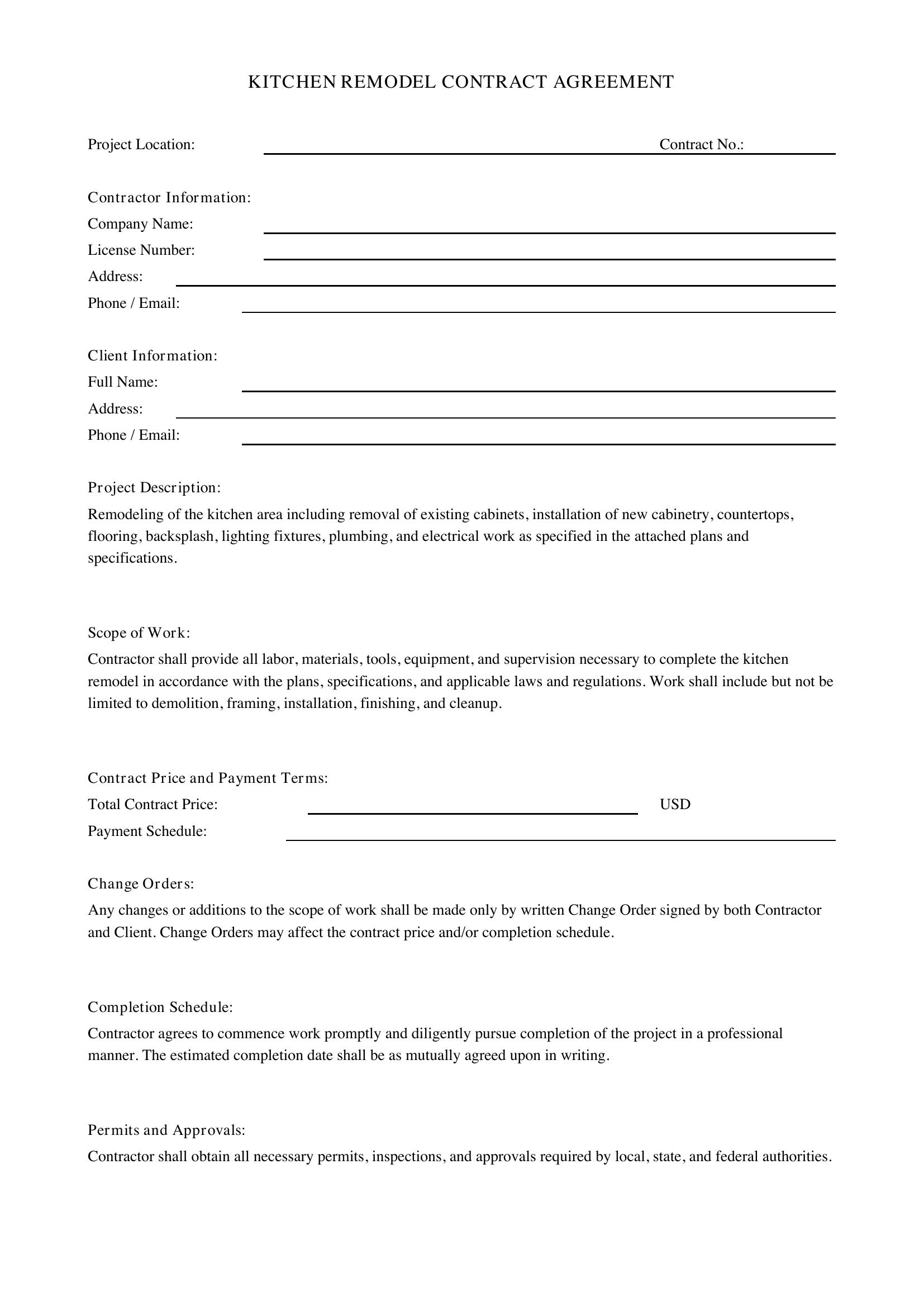 Kitchen Remodel Contract Template