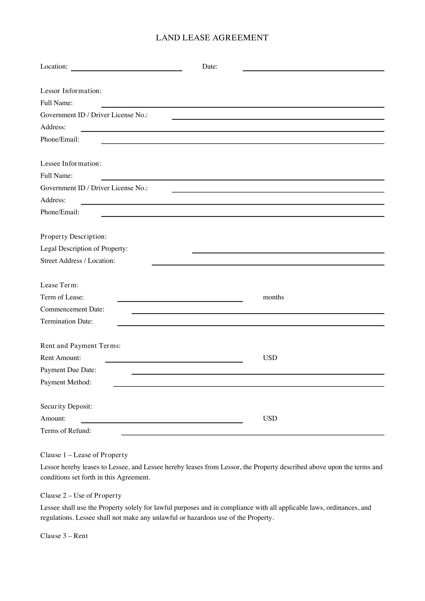 Land Lease Agreement Template
